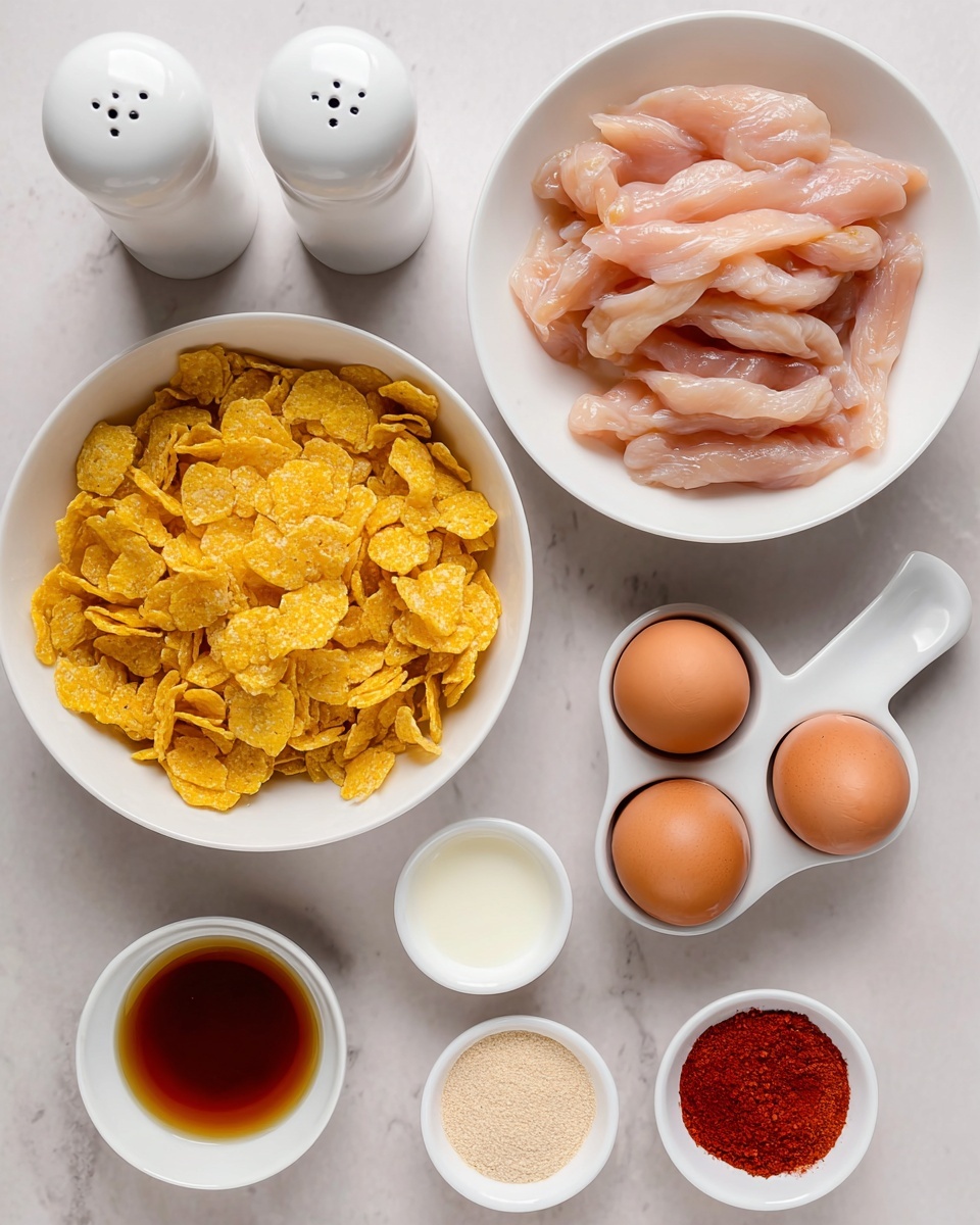 Air Fryer Cornflake Chicken Tenders with Hot Honey Recipe 4 The image shows several ingredients arranged on a white marbled surface. In the top right corner, there is a white bowl filled with raw, pale pink chicken strips stacked loosely. Below it, a larger white bowl is full of golden-yellow cornflakes with a rough texture. To the right, a white egg holder holds two brown eggs. Near the center, there are four small white bowls: one holds a dark amber liquid, another contains a white liquid, the next has a light tan powder, and the last two hold a bright red powder and a light beige powder. On the top left corner, two white salt and pepper shakers stand side by side. The whole arrangement has a clean and simple look. photo taken with an iphone --ar 4:5 --v 7