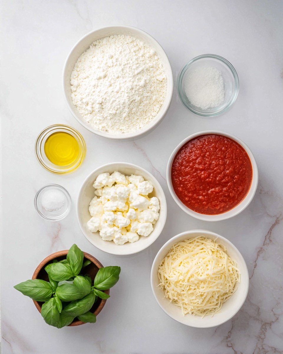 The image shows six bowls on a white marbled surface, each with different ingredients. At the top center is a white bowl filled with white flour powder. Below and slightly to the right is a white bowl containing small, white cottage cheese curds. To the right of that is another white bowl with smooth, bright red tomato sauce. At the bottom center is a white bowl with shredded pale yellow cheese. On the left side of the image are three small glass bowls stacked vertically: the top one has golden olive oil, the middle one white salt, and the bottom one white baking powder. A small wooden bowl with fresh green basil leaves is placed left of the white bowls. photo taken with an iphone --ar 4:5 --v 7