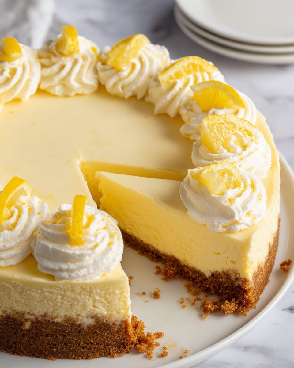 A slice of lemon cheesecake sits on a white plate on a white marbled surface. The cheesecake has three layers: the bottom is a rough, brown crust, the thick middle layer is creamy pale yellow with a smooth texture, and the top layer is a light, soft cream. On top of the slice, there is a swirl of white whipped cream decorated with two thin lemon wedges. More lemon wedges are placed on the plate near the slice. In the blurred background, you can see the rest of the cheesecake in a clear glass dish. photo taken with an iphone --ar 4:5 --v 7
