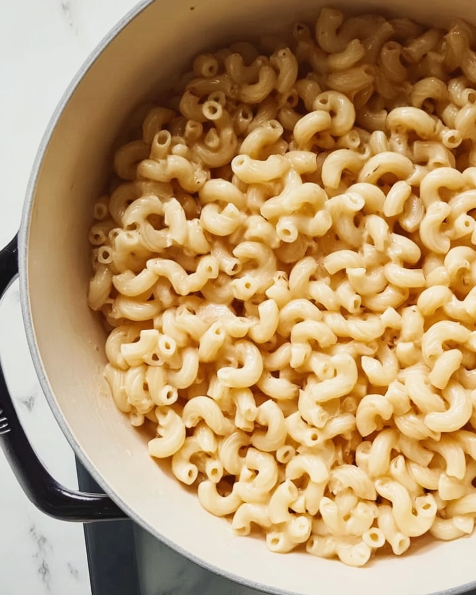 A close-up view of a white pot filled with cooked elbow macaroni pasta. The pasta is light beige, soft, and smooth in texture, piled evenly inside the pot with no visible sauce or toppings. The pot is placed on a white marbled surface, and a black handle is partially visible on the left side. The scene is bright and simple with no additional items around, focusing only on the macaroni. photo taken with an iphone --ar 4:5 --v 7