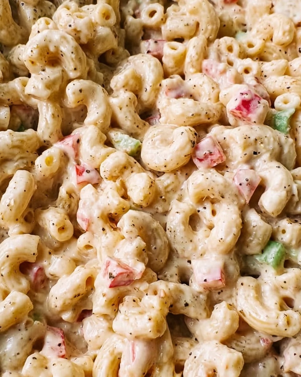 This image shows a close-up of a creamy macaroni salad made with elbow-shaped pasta covered in a thick, light beige sauce. Small pieces of pink and light green vegetables are mixed evenly throughout, adding splashes of color. The sauce looks rich and smooth, with black pepper sprinkled lightly on top, creating a speckled texture. The pasta pieces are piled closely together, showing their curved shapes and smooth surface. The background is a white marbled texture. photo taken with an iphone --ar 4:5 --v 7
