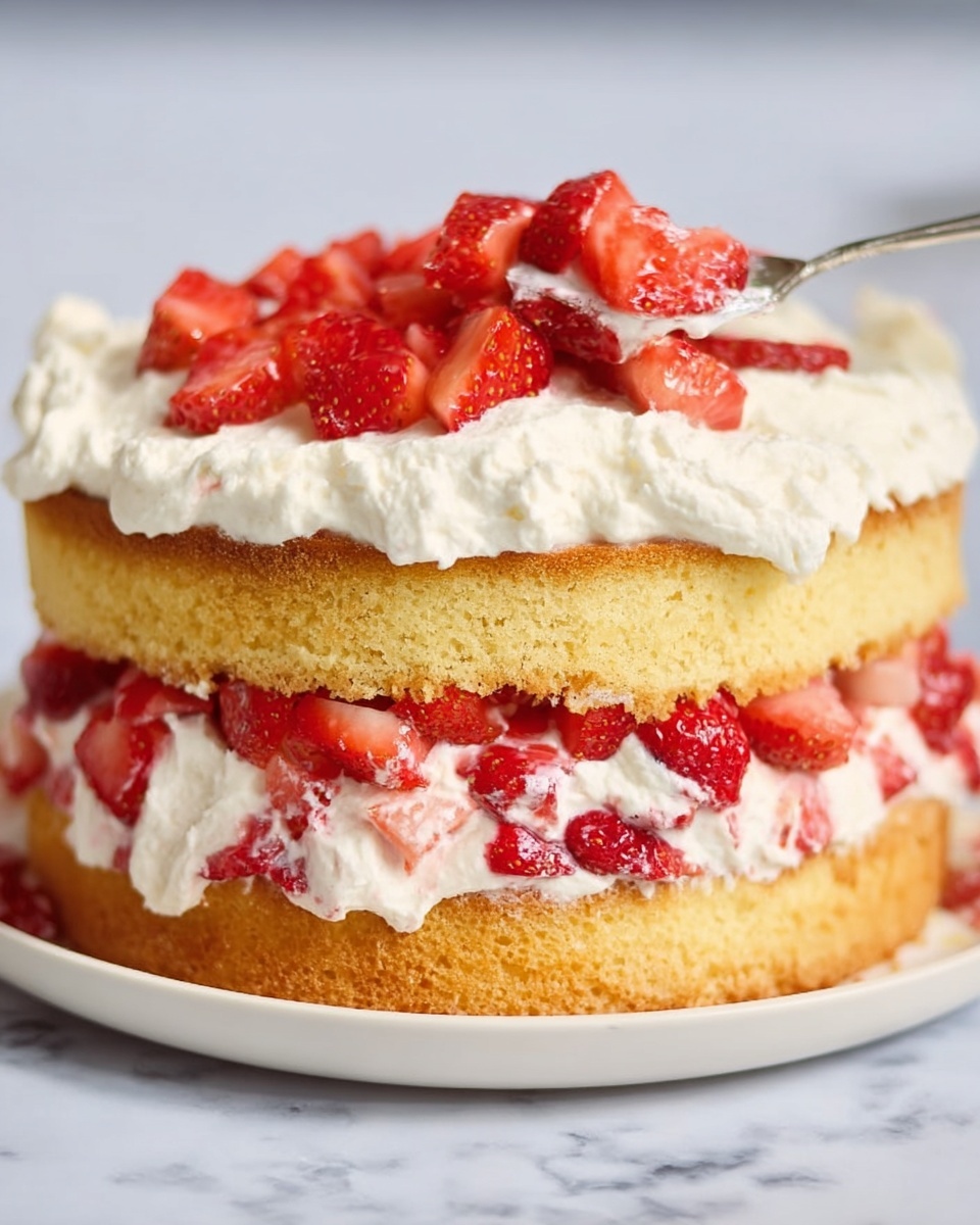 A two-layer round cake sits on a white plate with a white marbled surface below. The bottom layer is a golden brown sponge cake topped with a thick layer of white whipped cream and bright red strawberry pieces mixed in. The second layer is another golden brown sponge cake, with more white whipped cream spread on top, and chopped strawberries being added by a spoon. The strawberries on top are bright red and juicy, contrasting with the soft cream and cake. Photo taken with an iphone --ar 4:5 --v 7