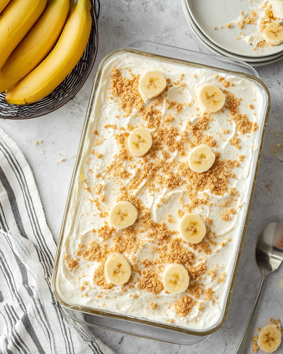 Banana Pudding Lasagna Recipe 5 The dish is a rectangular glass baking dish filled with a creamy white layer that is smooth on top. Scattered evenly on the surface are light golden crumbs and several half-slices of banana placed in three rows. The creamy top looks fluffy and slightly textured, suggesting a whipped or soft consistency. The dish is placed on a white marbled surface with a bunch of yellow bananas in a dark wire basket nearby and a white plate with some crumbs visible in the background. A white cloth with black stripes lies near the bottom left corner photo taken with an iphone --ar 4:5 --v 7