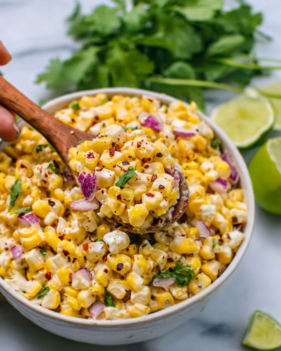 The image shows a white bowl filled with a colorful corn salad. The base layer is bright yellow corn kernels mixed with small white cubes, likely cheese, scattered evenly. There are small pieces of purple-red onion spread throughout. Red chili flakes and black pepper are sprinkled on top, adding speckles of red and black. A wooden spoon is dipped into the bowl, stirring the salad, held by a woman's hand. In the blurry background, there are fresh green cilantro leaves and a halved lime on the white marbled surface. The light is natural, giving the food a fresh and appetizing look. photo taken with an iphone --ar 4:5 --v 7