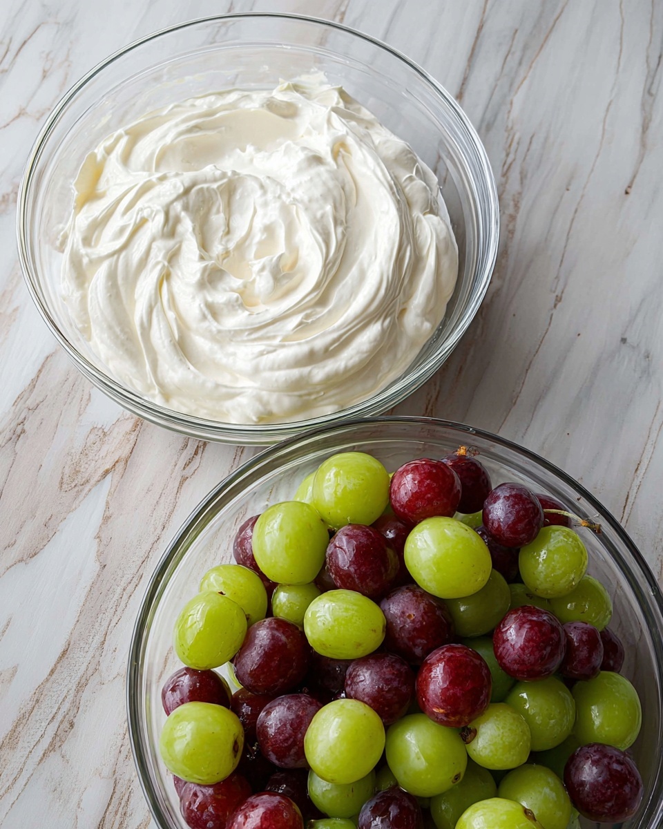 Two clear glass bowls on a white marbled surface, one filled with smooth white whipped cream showing soft swirls and peaks, the other filled with a mix of shiny green and dark red grapes, round and plump and filling the bowl fully, the colors contrasting bright green and deep red, both bowls positioned close to each other with the grape bowl slightly below the whipped cream bowl, photo taken with an iphone --ar 4:5 --v 7