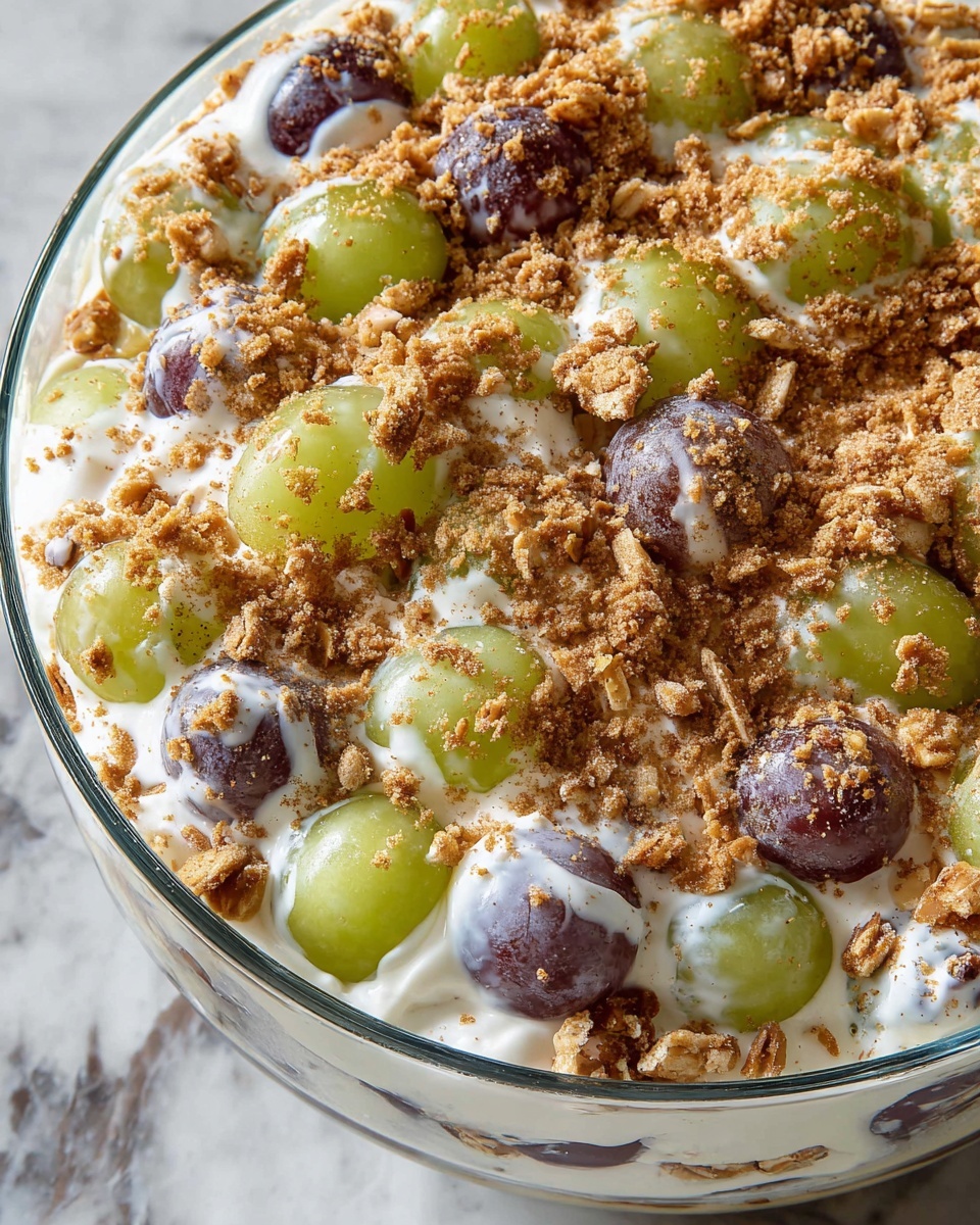 A close-up view of a large clear bowl filled with a creamy fruit salad. The salad has multiple layers of green and purple grapes, all coated in a thick white cream. On top of the grapes and cream, there is a generous sprinkle of crushed nuts and brown sugar, adding a rough texture and golden brown color. The grapes look fresh and smooth under the cream, and the crushed nuts are unevenly spread, giving a natural, homemade look. The bowl sits on a white marbled surface. photo taken with an iphone --ar 4:5 --v 7