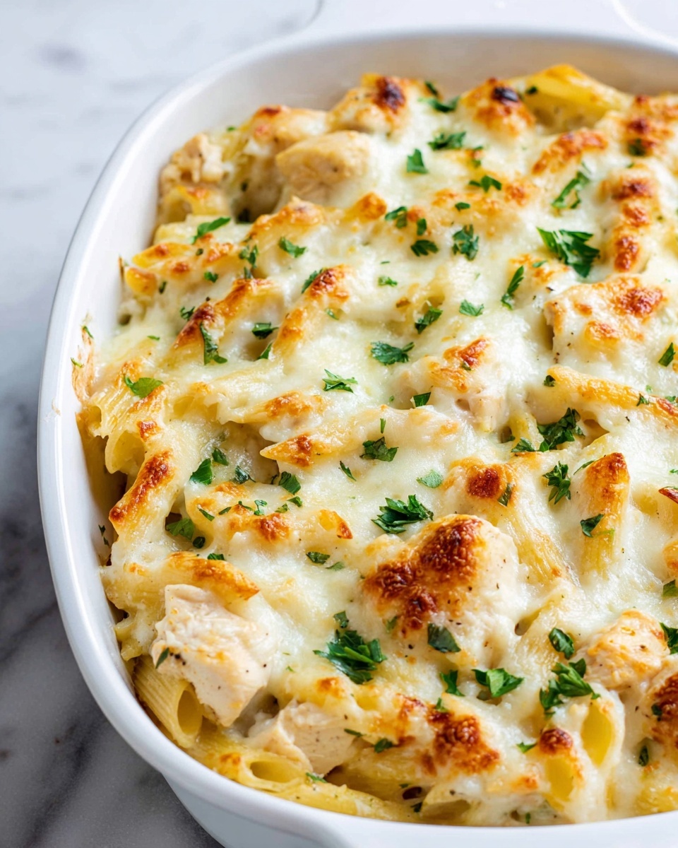 A white ceramic baking dish filled with baked pasta layers shows the top layer covered in melted, slightly browned cheese with a creamy texture. The pasta underneath is mixed with creamy sauce and pieces of chicken, giving a light yellow and white color with hints of golden brown where the cheese has toasted. There are small green parsley leaves scattered across the top, adding a fresh look. The background has a white marbled texture. photo taken with an iphone --ar 4:5 --v 7