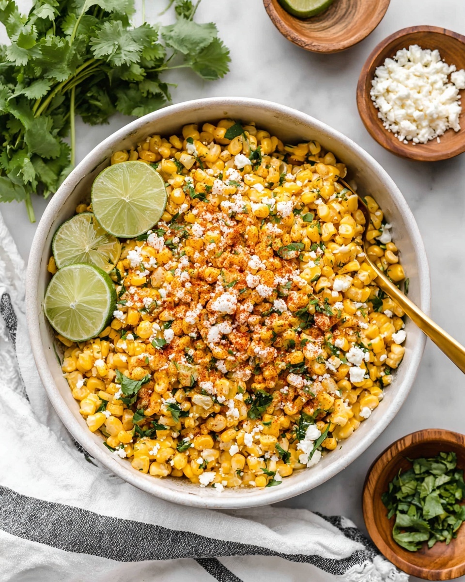 A white bowl filled with a bright yellow corn salad layered with green herbs and crumbled white cheese scattered on top, dusted with red seasoning. Three lime slices rest on the left edge of the bowl next to a bunch of green cilantro leaves. A gold spoon is partly buried in the corn on the right side of the bowl. Around the bowl are wooden bowls containing white crumbled cheese and green herbs. The setting is on a white marbled surface with a white and black striped cloth under the bowl photo taken with an iphone --ar 4:5 --v 7