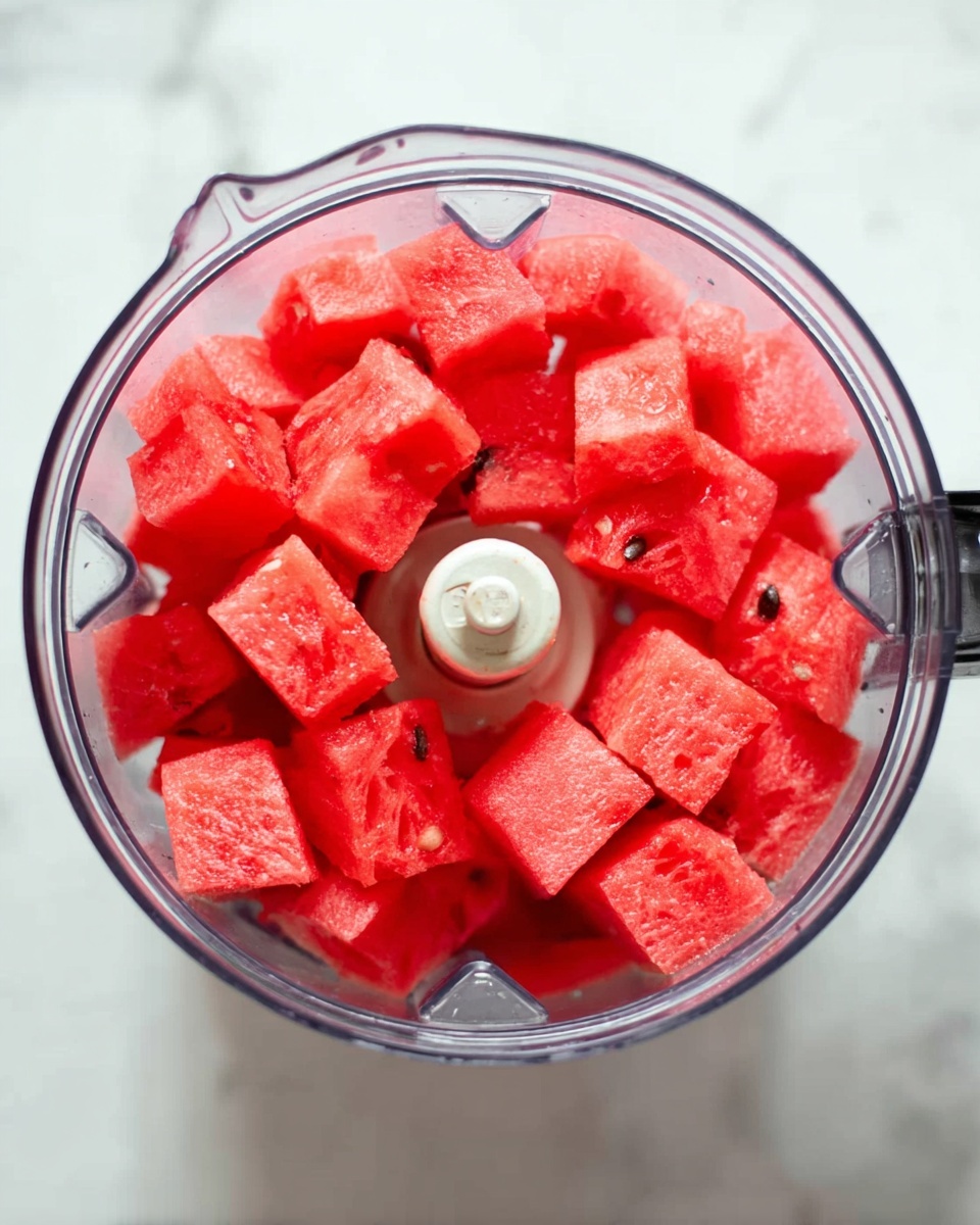A close-up top view of a clear blender bowl filled with bright red watermelon cubes, some showing a few black seeds, sitting on a white marbled surface. The cubes are stacked evenly around the blender's blade in the center, showcasing their juicy, smooth texture and vibrant color. The blender handle extends to the right side. photo taken with an iphone --ar 4:5 --v 7
