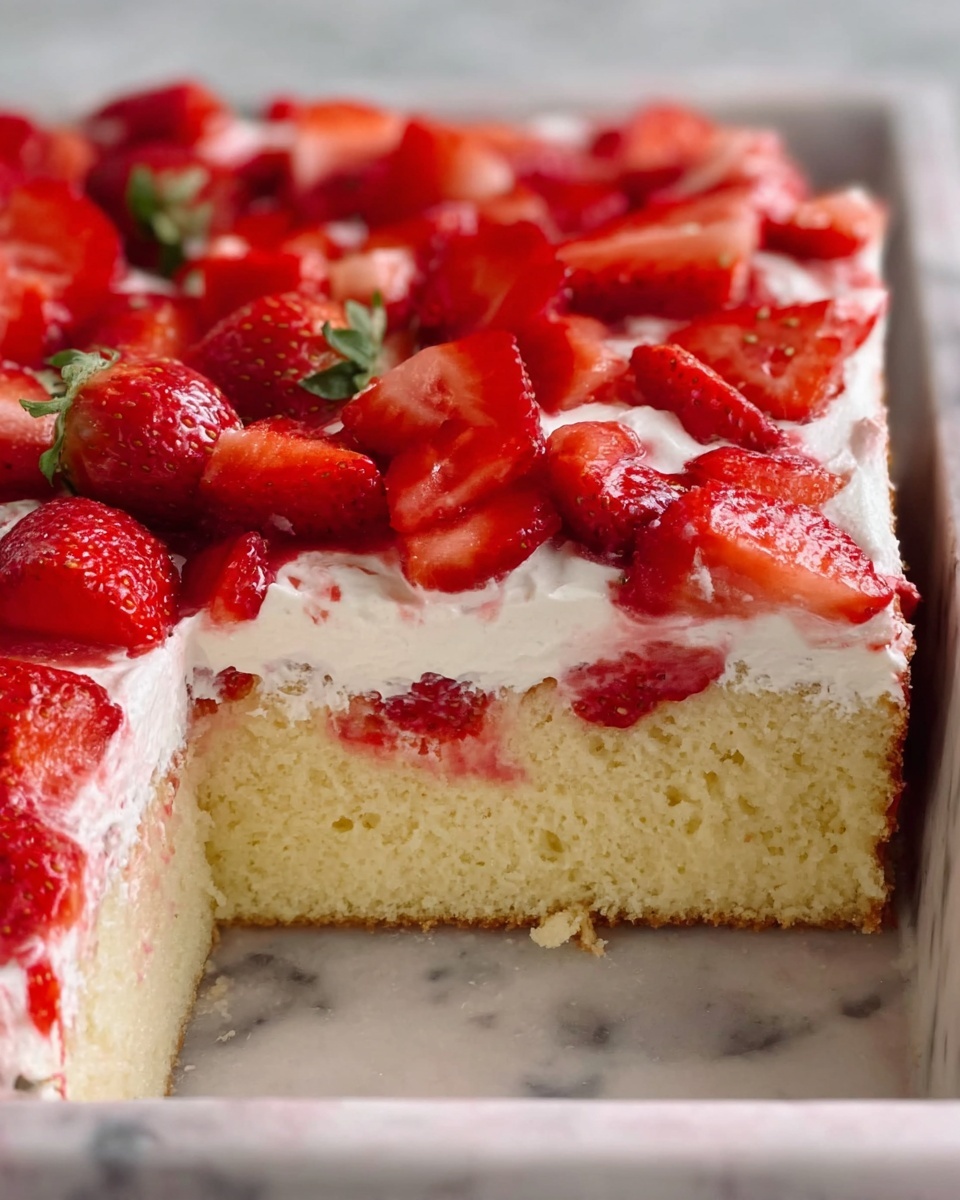 A close-up of a strawberry shortcake showing three layers: the bottom layer is a thick, light yellow sponge cake with a soft texture; above that is a thick white cream layer that looks smooth and fluffy; the top layer is covered with halved strawberries, some whole, all bright red and shiny, spread evenly across. The cake is in a white marbled tray with a piece taken out from the front right side, showing the inside of the cake. The background surface is also white marbled. photo taken with an iphone --ar 4:5 --v 7