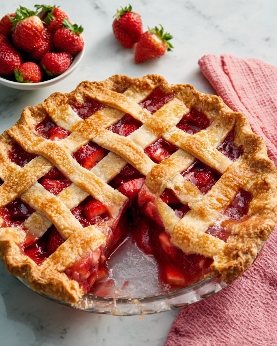 The image shows a round pie with a golden-brown crust and a lattice top made of crossing strips. The pie filling is red with whole and cut strawberries visible under the crust. One slice is removed, showing the thick, juicy strawberry filling inside. The pie sits on a clear glass pie dish placed on a white marbled surface. Nearby, there is a small white bowl filled with fresh strawberries and a folded pink cloth to the right. Photo taken with an iphone --ar 4:5 --v 7