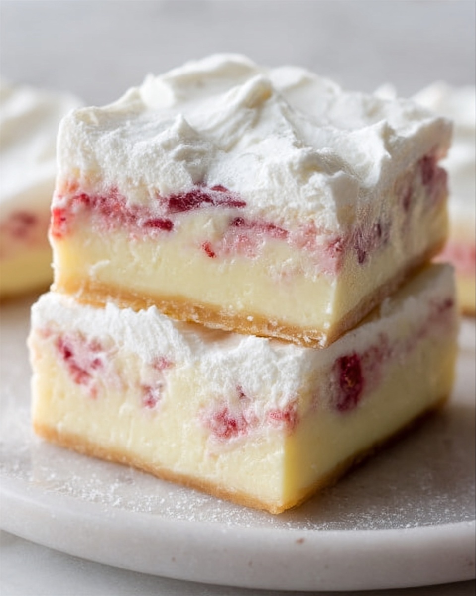 The image shows two square slices of a creamy dessert placed on a white plate with a white marbled surface background. Each slice has three visible layers: a pale yellow, smooth base layer with a firm texture; a middle layer with small bits of pinkish-red fruit mixed evenly throughout; and a thick, fluffy white top layer that looks soft and creamy. The dessert is slightly glossy on top, and the layers are distinct and even. Photo taken with an iphone --ar 4:5 --v 7