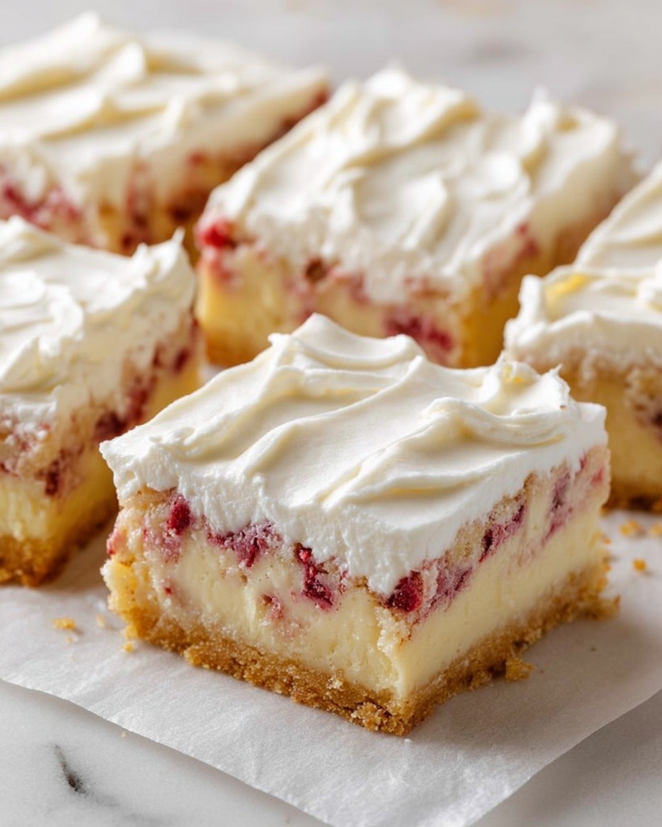 The image shows several square slices of a creamy dessert on white parchment on a white marbled surface. Each slice has three layers: a light golden crumbly bottom crust, a thick pale yellow middle filling with small pieces of red fruit or berry mixed inside, and a smooth, thick white frosting layer spread evenly on top with soft swirls. The slices are placed close together in a casual, slightly angled arrangement. Photo taken with an iphone --ar 4:5 --v 7