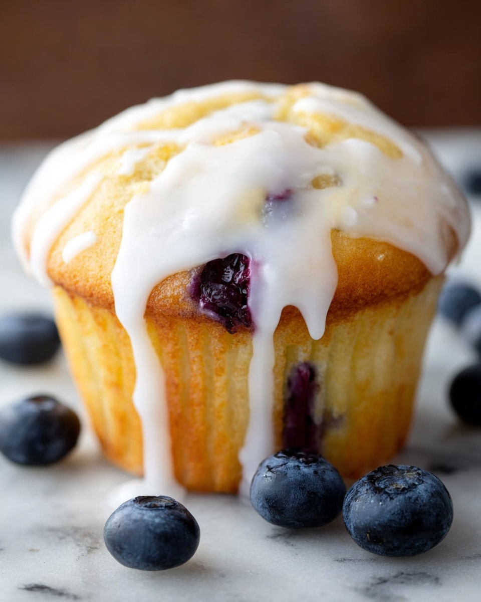 A close-up of a single golden-yellow muffin with a moist texture and dark purple blueberry spots inside. The muffin is topped with a thick layer of smooth white icing that drips down the sides unevenly. Around the muffin, there are several fresh dark blue blueberries resting on a white marbled surface. Photo taken with an iphone --ar 4:5 --v 7