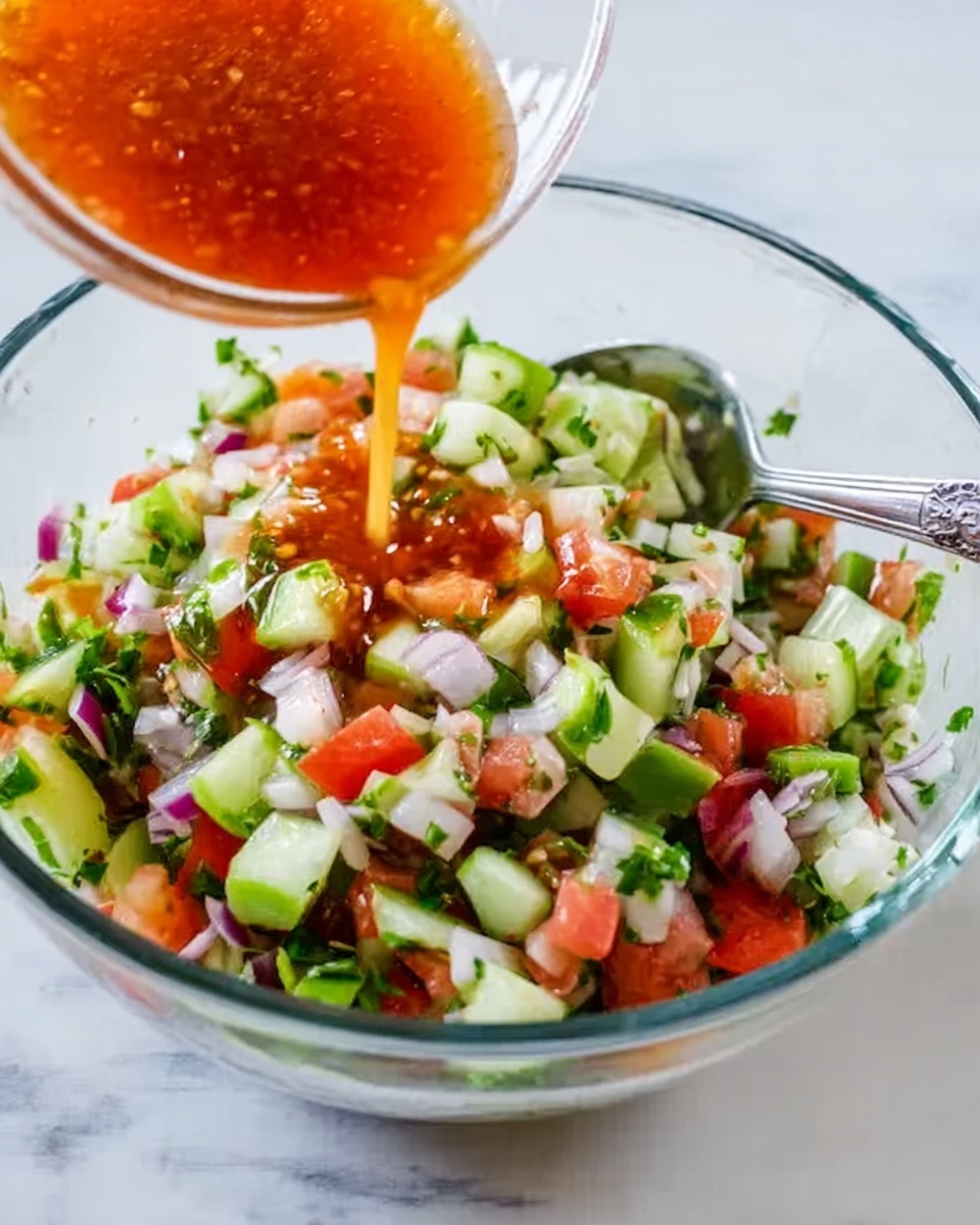 A clear glass bowl filled with a colorful mix of chopped vegetables including green cucumbers, red tomatoes, white onions, and some green herbs. A woman's hand is pouring a bright orange-red liquid dressing over the vegetables. A silver spoon is resting on the right side inside the bowl. The bowl is placed on a white marbled surface. Photo taken with an iphone --ar 4:5 --v 7