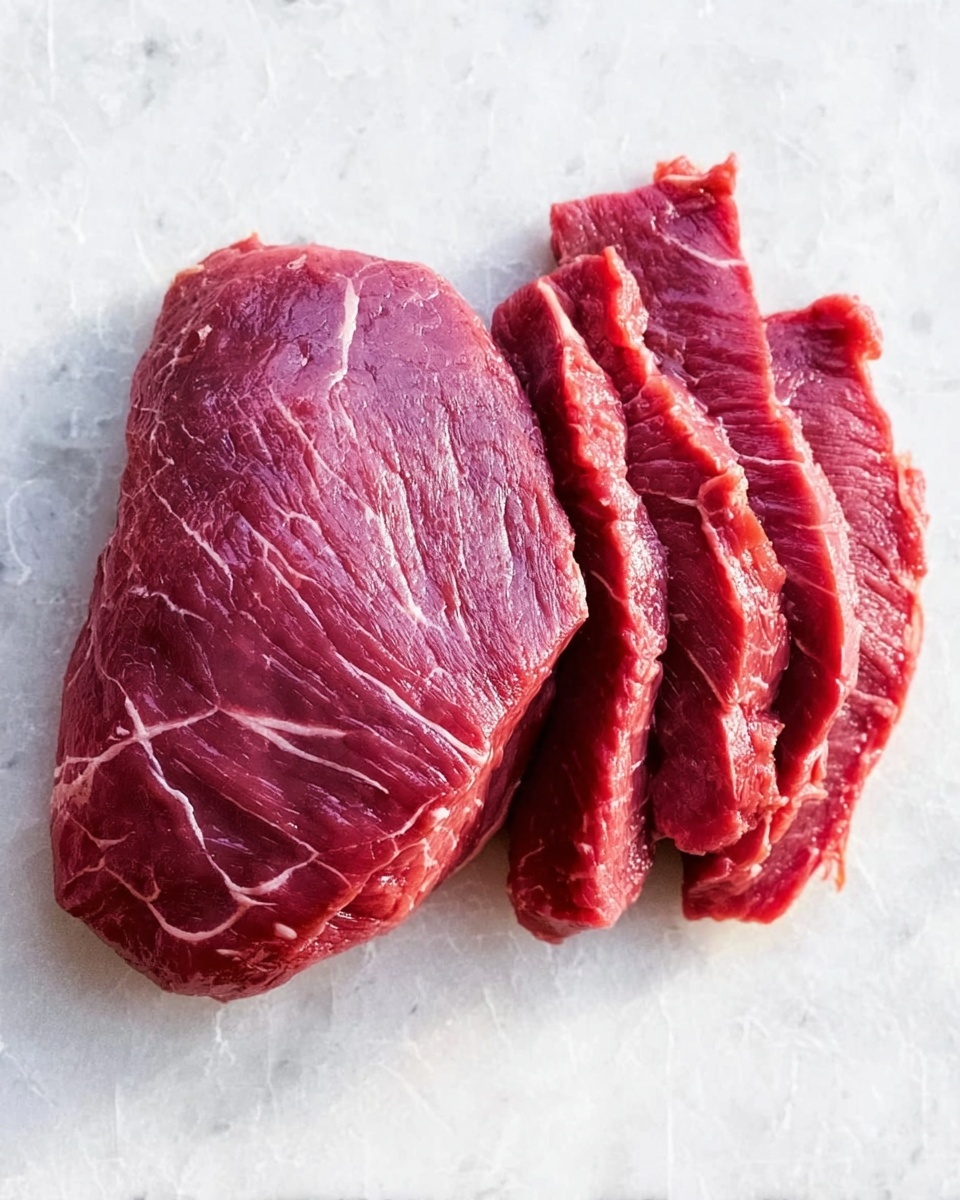 A piece of raw red meat lies on a white marbled surface, featuring a smooth, slightly shiny texture with detailed fibrous lines visible. The meat is partially sliced on the right side into four thin portions, showing a deeper purple-red color inside and slightly rough edges where it has been sliced. The left side remains whole with a rounded shape and natural marbling of light lines throughout the flesh. The image feels fresh and simple with natural lighting highlighting the texture and color of the meat. photo taken with an iphone --ar 4:5 --v 7