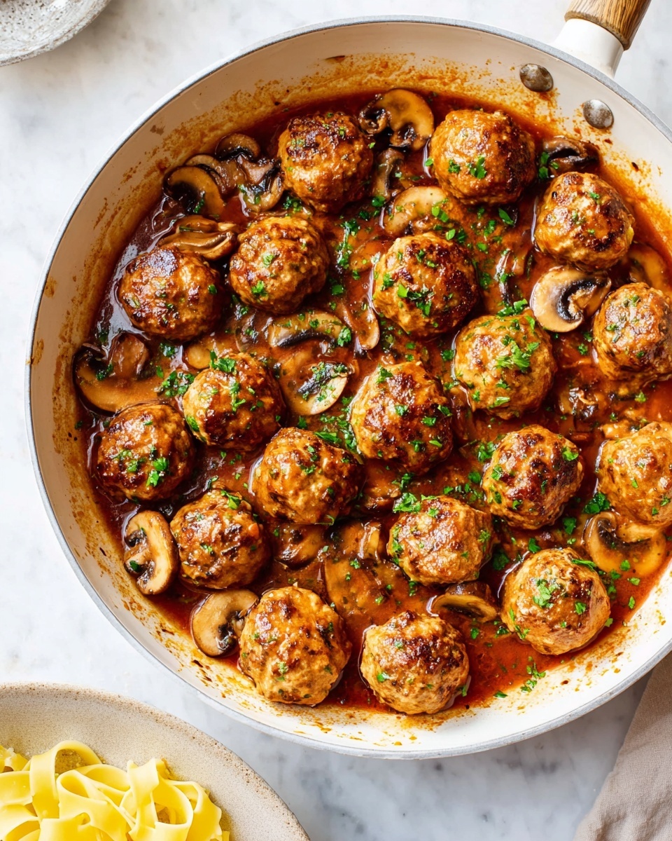 A white pan filled with about twenty golden-brown meatballs arranged in multiple layers, sitting in a rich reddish-brown sauce with slices of cooked mushrooms scattered throughout. The surface around the meatballs shows some oil reflections and sprinkled green herbs on top, adding bright green spots across the dish. The pan is on a white marbled surface, and there is a glimpse of a beige plate with light yellow pasta in the bottom right corner. Photo taken with an iphone --ar 4:5 --v 7