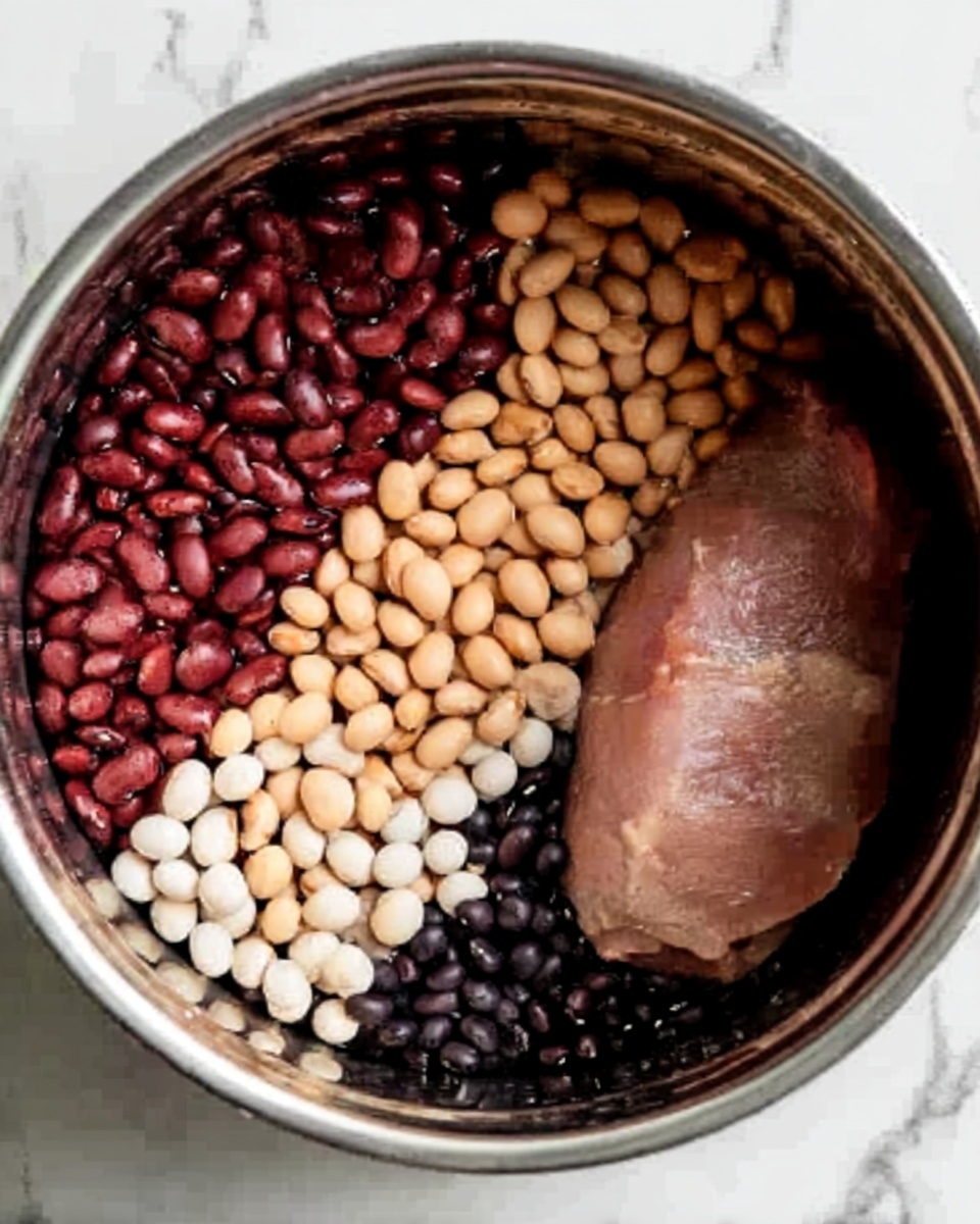 The image shows a close-up of a silver pot filled with different beans and a piece of meat. There are five types of beans arranged in layers inside the pot: light tan beans, medium tan beans, dark red beans, small round white beans, and small black beans. The piece of meat is large, brown, and placed on one side, partially covered by the beans. The background is a white marbled texture, giving a clean and bright look. Photo taken with an iphone --ar 4:5 --v 7