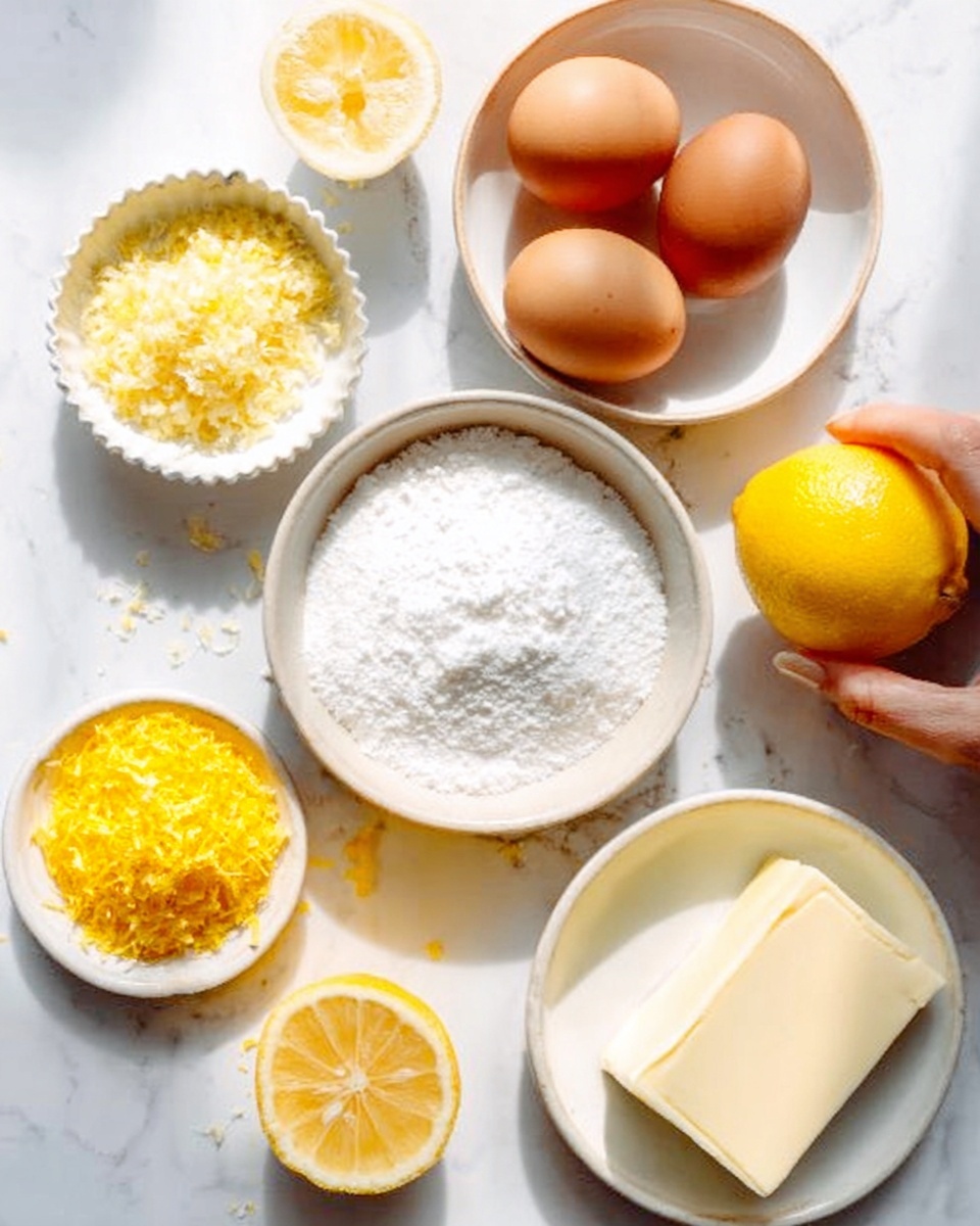 The image shows a white marbled surface with several white bowls and a woman's hand holding a whole lemon. There are five main ingredients arranged neatly: a bowl with two whole brown eggs and three egg yolks, a bowl with white granulated sugar, a small bowl with yellow lemon zest, a bowl with two blocks of white butter, and a lemon cut in half next to the bowls. The colors are soft and natural, with the yellow of the lemon zest and yolks standing out against the white bowls and marbled background. The light is bright, making the textures clear and fresh. photo taken with an iphone --ar 4:5 --v 7