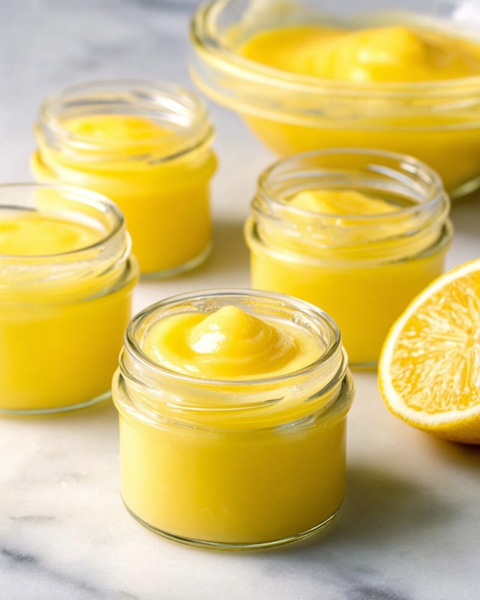 The image shows four small clear glass jars filled with smooth, bright yellow lemon curd. The curd has a thick and shiny texture with gentle swirls at the top. The jars sit on a white marbled surface. In the background, there is a large clear bowl also filled with lemon curd and a halved lemon with a vibrant yellow color and juicy texture, positioned to the right side of the jars. The lighting creates soft reflections on the glass jars and highlights the creamy texture of the lemon curd, giving a fresh and homemade feel. Photo taken with an iphone --ar 4:5 --v 7