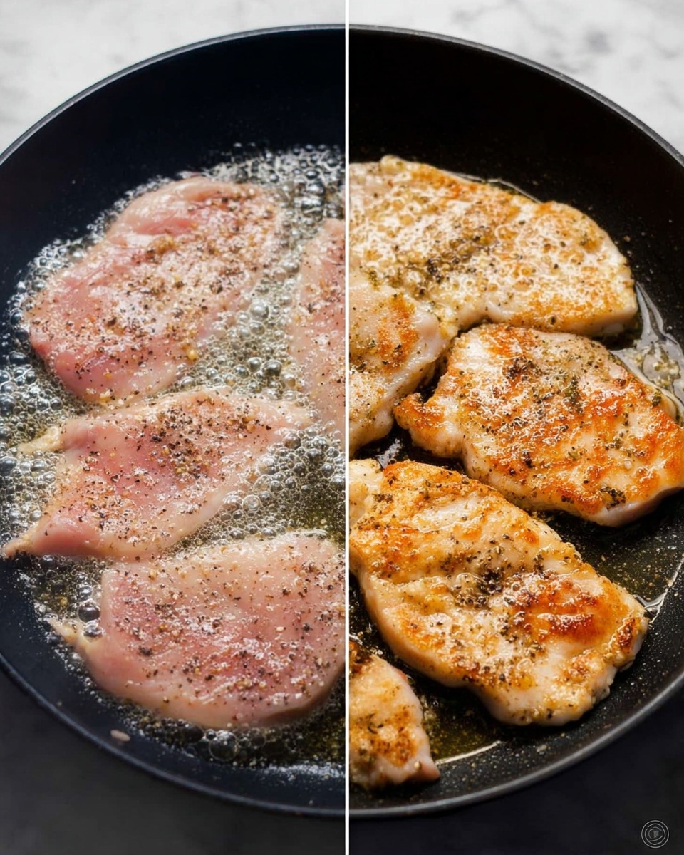 The image shows two side-by-side views of chicken cooking in a black pan. On the left side, raw pink chicken pieces seasoned with black pepper are frying in bubbling oil. On the right side, the same chicken pieces are browned and cooked, with a golden and slightly crispy texture, still seasoned with black pepper. The surface under the pan is a white marbled texture. photo taken with an iphone --ar 4:5 --v 7
