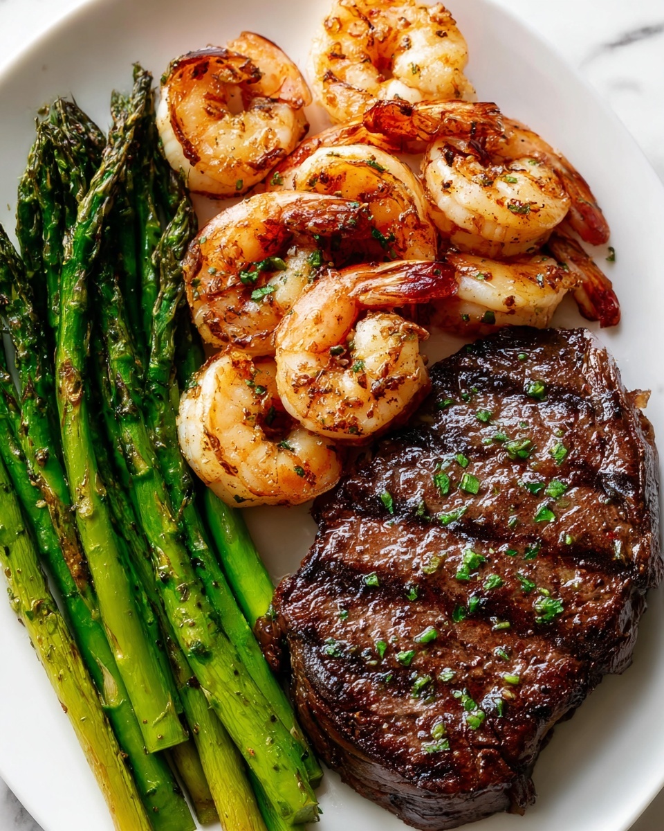 The image shows a black grill pan with two grilled steaks placed on the right side, each topped with a melting pat of butter and sprinkled with green herbs. On the left side of the pan, there is a pile of pink-orange grilled shrimp with a slight char and green herb garnish. A few lemon wedges are tucked in the bottom right corner. The pan rests on a white marbled surface, giving a clean, bright background. Photo taken with an iphone --ar 4:5 --v 7