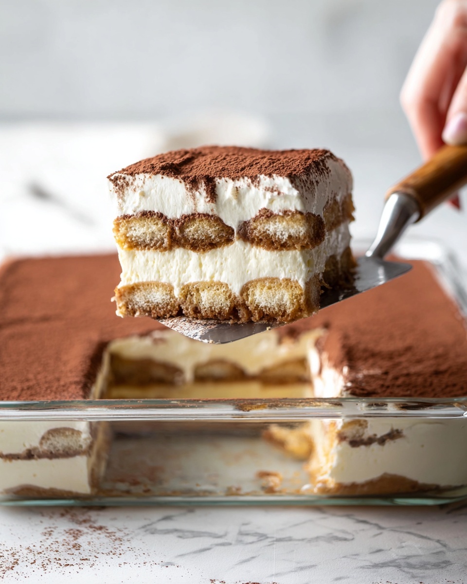 A piece of layered tiramisu dessert is lifted on a metal spatula with a wooden handle, held by a woman's hand on the right. The tiramisu slice has three layers: a base layer of soaked light brown ladyfinger cake, a thick middle layer of smooth white mascarpone cream, then another layer of soaked light brown ladyfinger cake, topped with a thick white mascarpone cream layer, all dusted with a dark brown cocoa powder on top. The dessert is in a clear glass rectangular dish placed on a white marbled surface with part of the remaining tiramisu visible in the background. The lighting is bright and soft, highlighting the textures of the creamy and cake layers. Photo taken with an iphone --ar 4:5 --v 7