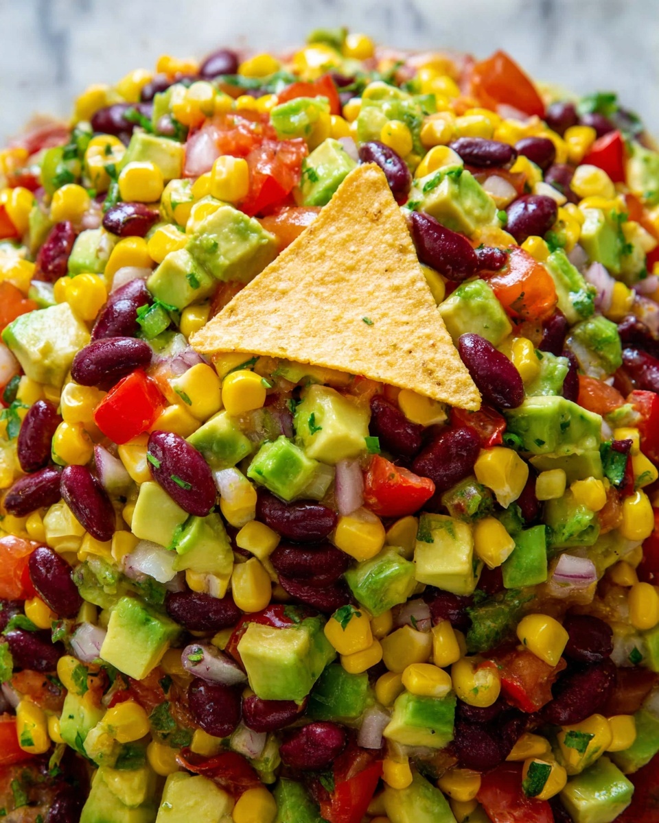 This image shows a colorful salad made of several layers of diced vegetables and beans. The top layer is bright yellow corn kernels mixed with green avocado pieces that look soft and creamy. There are red diced tomatoes and red kidney beans scattered evenly throughout the salad. Green bits of chopped herbs and small pieces of green pepper are mixed in, adding more color and texture. In the middle, a single triangular light yellow tortilla chip stands upright, slightly embedded in the salad. The whole dish sits on a white marbled surface. Photo taken with an iphone --ar 4:5 --v 7