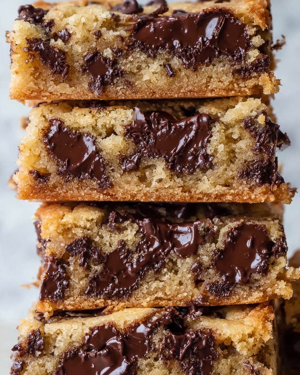A close-up view of a stack of five thick chocolate chip cookie bars is shown, each bar having a golden brown, soft textured dough embedded with large, glossy, dark chocolate chunks that are slightly melted and oozing. The layers are uneven, showing the rough crumbly edges and moist interiors, with chocolate pieces scattered throughout every layer. The background features a white marbled surface. photo taken with an iphone --ar 4:5 --v 7