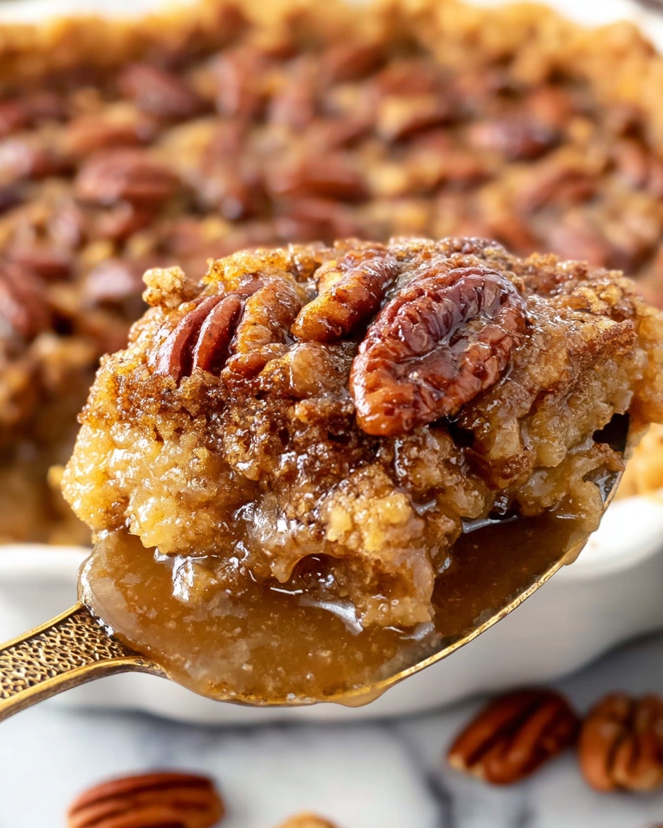 A close-up of a two-layer pecan dessert in a white oval dish with a white marbled surface below. The top layer is a thick, uneven spread of golden brown chopped pecans with a glossy, sticky look. Below this is a moist, slightly risen yellowish cake layer. At the bottom of the dish is a shiny, amber brown syrupy layer that looks rich and flowing, pooling in the empty part where a piece is missing. Photo taken with an iphone --ar 4:5 --v 7