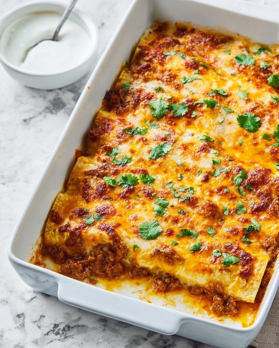 Ground Beef Enchilada Recipe 5 The dish shows a white rectangular baking dish with three layers of food. The bottom layer is soft, golden yellow tortillas. The middle layer is a rich, brown meat sauce spread evenly. The top layer has melted cheese in orange and light brown tones, slightly browned and bubbly in parts. Small green cilantro leaves are sprinkled evenly on top, adding fresh color. The dish sits on a white marbled surface with a small white bowl of white sauce nearby. Photo taken with an iphone --ar 4:5 --v 7
