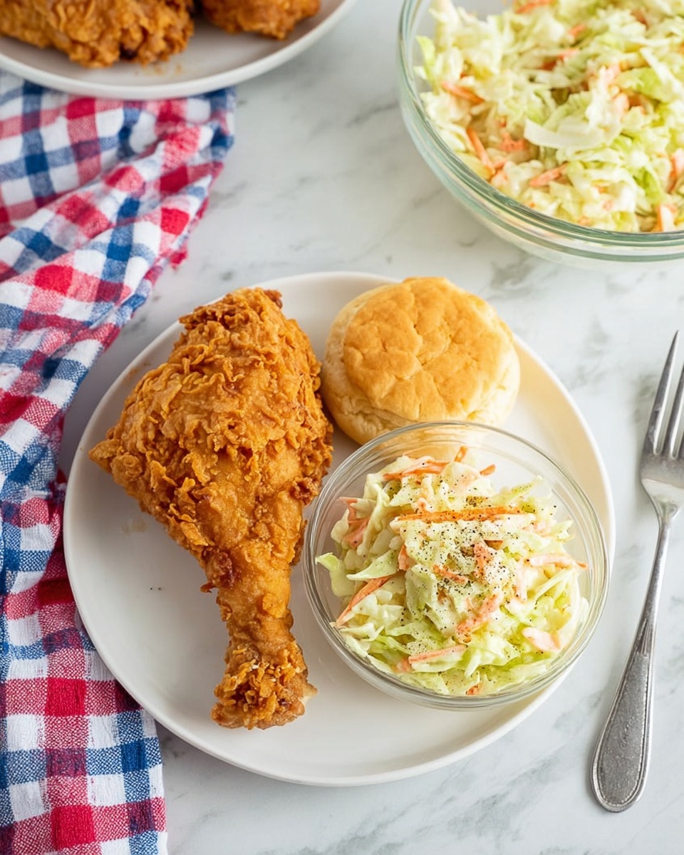 A white round plate sits on a white marbled surface with two pieces of golden brown fried chicken, one drumstick on the left and one larger piece on the top center. To the right of the chicken, there is a light brown biscuit with a soft, slightly shiny top. Below the biscuit and chicken, a small clear glass bowl filled with coleslaw made of shredded light green cabbage and thin carrot strips, topped with a sprinkle of black pepper. In the background, a clear bowl with more coleslaw is partially visible next to a red, white, and blue checkered cloth. A silver fork is on the right edge of the image. Photo taken with an iphone --ar 4:5 --v 7