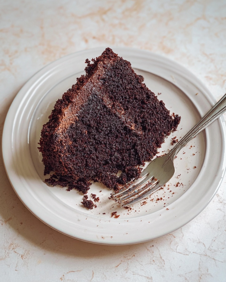 A single slice of dark chocolate cake with a rough texture and crumbly edges sits on a white plate, showing a dense and moist inside layer. Nearby is a silver fork resting on the plate with small crumbs scattered around it. The scene is set on a white marbled surface. Photo taken with an iphone --ar 4:5 --v 7