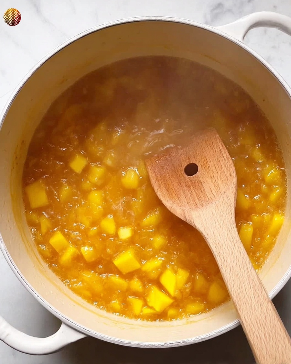 Peach Mango Pie - Jollibee Recipe Copycat Recipe 4 The image shows a white pot with a light yellow to orange mixture inside, simmering gently. The mixture contains evenly cut small cubes of yellow fruit or vegetable, surrounded by a translucent, bubbling liquid. A wooden spoon with a hole near its center is stirring the mixture, with the spoon resting inside the pot. The pot is set on a white marbled surface. Steam rises slightly, giving a sense of heat and cooking in progress. photo taken with an iphone --ar 4:5 --v 7