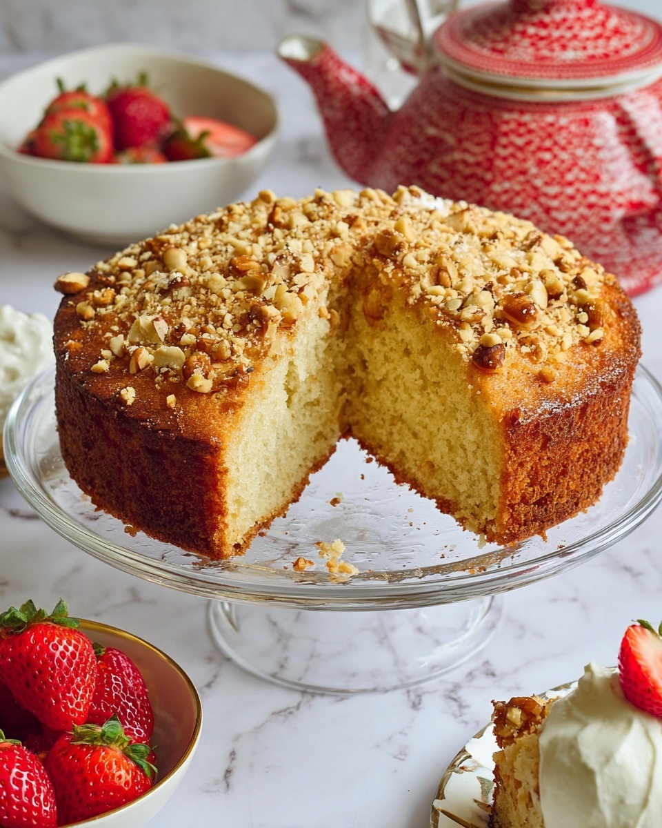 Eggless Strawberry Shortcake Cake with Yogurt Vanilla Whipped Cream Recipe 4 A round single-layer cake with a golden-brown crust topped with chopped nuts and coarse sugar sits on a clear glass cake stand. The cake has a soft, light yellow interior with a wedge removed, showing its crumbly texture. The scene shows a white marbled surface with a red and white patterned teapot in the background, a bowl of fresh red strawberries to the left, and a small white plate with a dessert topped with white cream and a slice of strawberry in the lower right corner. Photo taken with an iphone --ar 4:5 --v 7