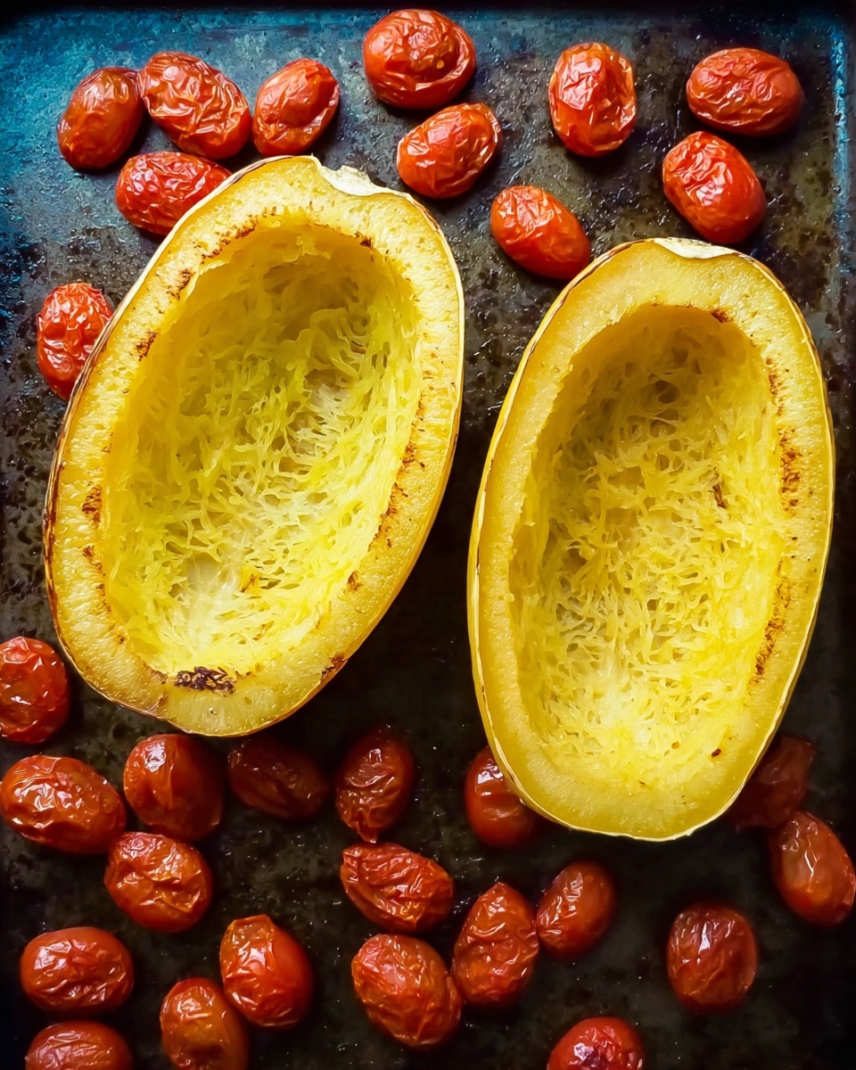 The image shows two halves of a yellow spaghetti squash, hollowed out and roasted, placed side by side on a dark baking tray. Around the squash halves, there are many small, shiny, roasted cherry tomatoes with wrinkled skins that have a deep orange-red color. The squash flesh inside is smooth but fibrous with light yellow tones and slightly browned edges. The dark baking tray contrasts with the yellow squash and bright tomatoes, highlighting their colors and textures. photo taken with an iphone --ar 4:5 --v 7