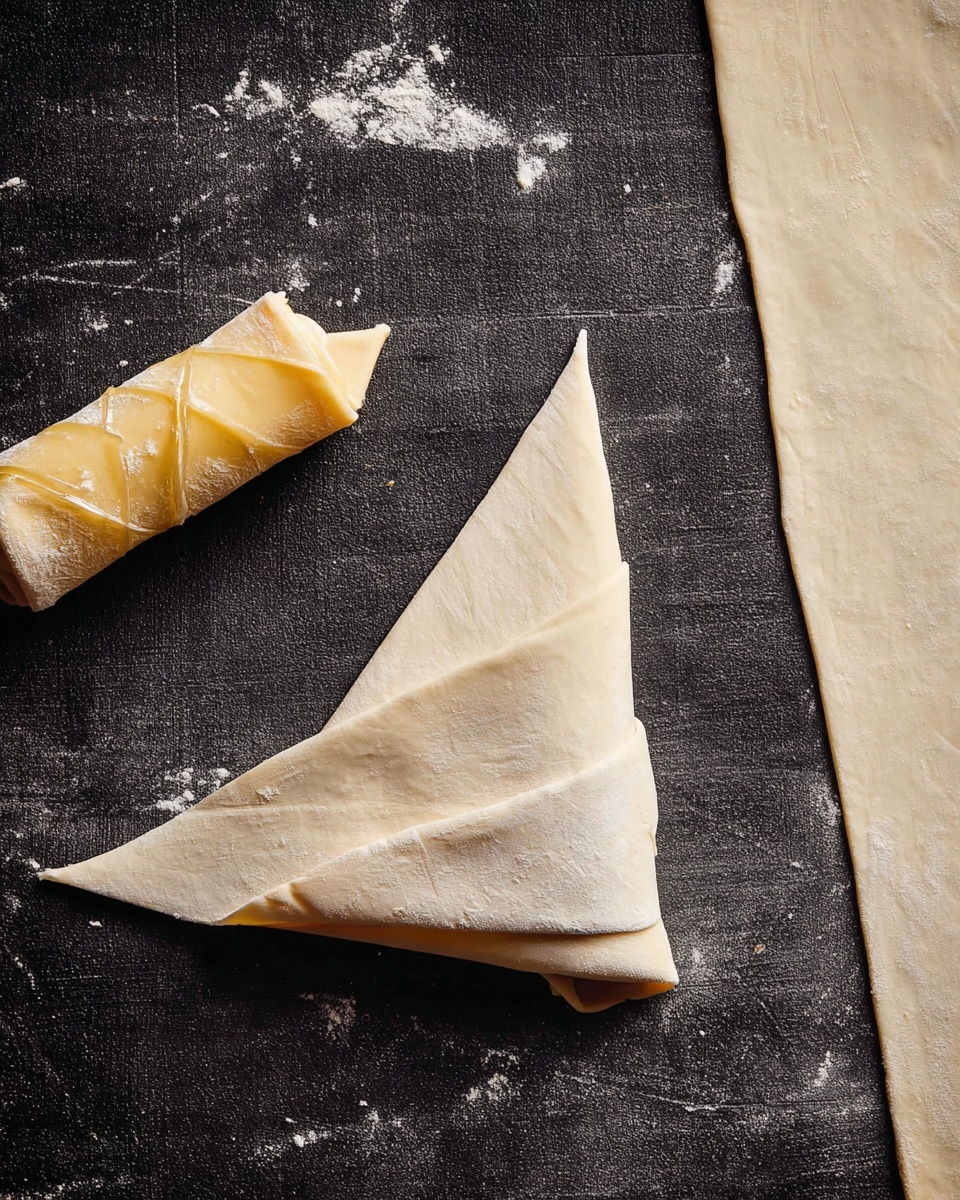 The image shows a dark surface with three main elements: on the left is a small, rolled-up pastry with a shiny, light golden surface, indicating a brushed layer of butter or oil; in the center, there is a large, triangular sheet of thin dough, pale cream in color with some wrinkles, folded at the bottom; on the right, part of a larger rectangular sheet of similar dough is visible. The surface has a few scattered flour spots and the whole setup looks like preparations for rolling pastries or dough shapes photo taken with an iphone --ar 4:5 --v 7