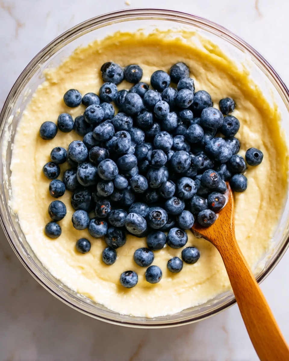 A large clear glass bowl filled with pale yellow batter with a creamy texture, topped with a pile of fresh dark blue blueberries mostly in the center of the batter, a wooden spoon with a round handle is placed inside the bowl on the right side, touching the batter and berries, the background is a white marbled surface photo taken with an iphone --ar 4:5 --v 7