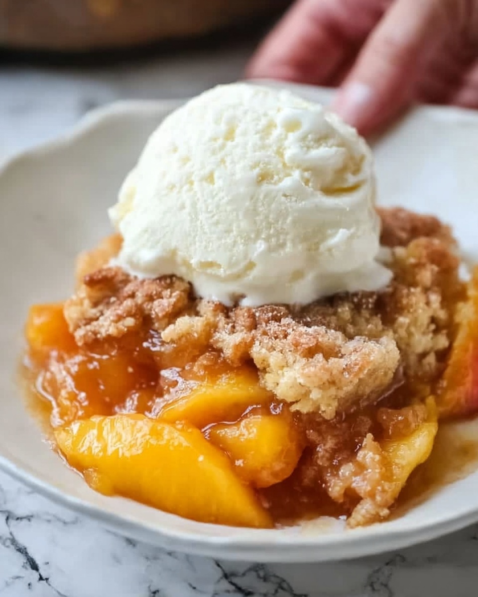 A white plate holds a warm peach cobbler with a golden-brown crust. The bottom layer shows juicy, orange peach slices covered in a thick syrup. On top of the peaches, there is a textured, crispy baked crust that looks rough and crumbly. Sitting on the cobbler is a large scoop of creamy white vanilla ice cream with smooth, rounded edges, beginning to melt slightly on the warm dessert. The background is a white marbled texture. A woman's hand reaches in gently from the top left corner. photo taken with an iphone --ar 4:5 --v 7