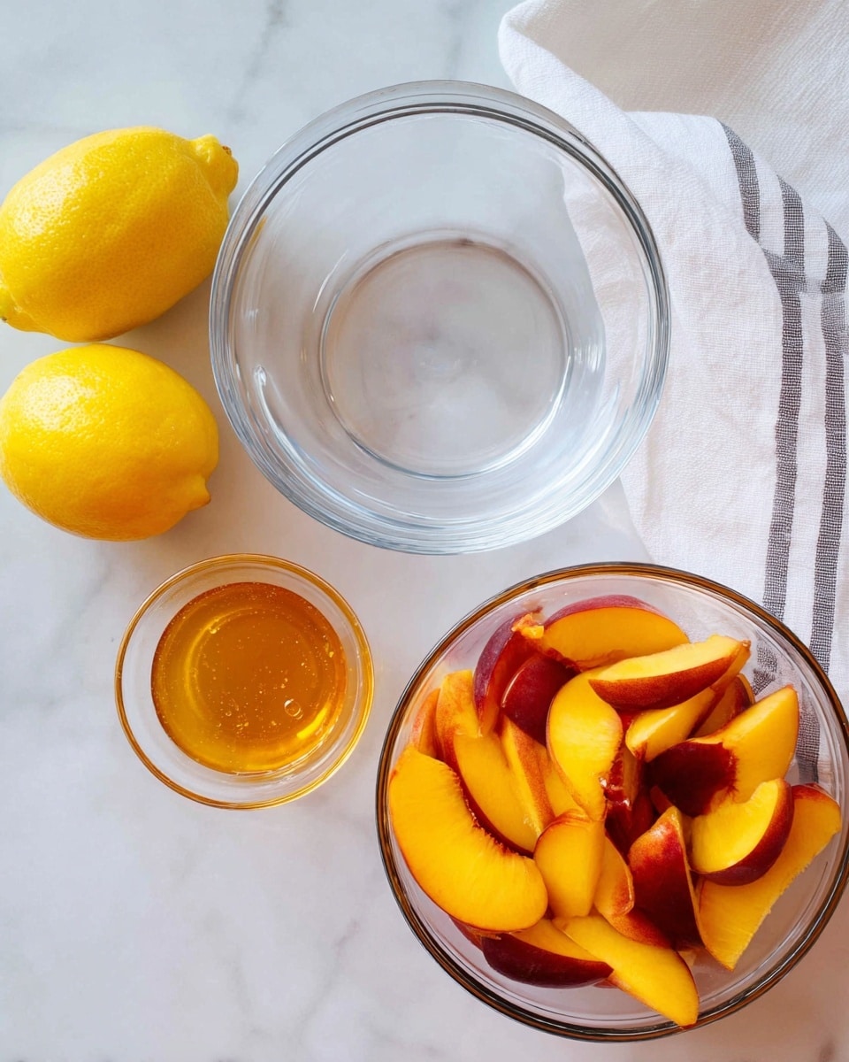 The image shows three clear glass bowls on a white marbled surface. The top bowl is empty, smooth and round. The bottom right bowl is filled with sliced peaches, showing yellow-orange flesh and red skin with smooth texture. The small bowl on the bottom left contains honey, with its golden-yellow color and shiny, sticky surface. Two fresh yellow lemons are placed on the left side, and a white cloth with gray stripes is partially visible on the top right side. Photo taken with an iphone --ar 4:5 --v 7