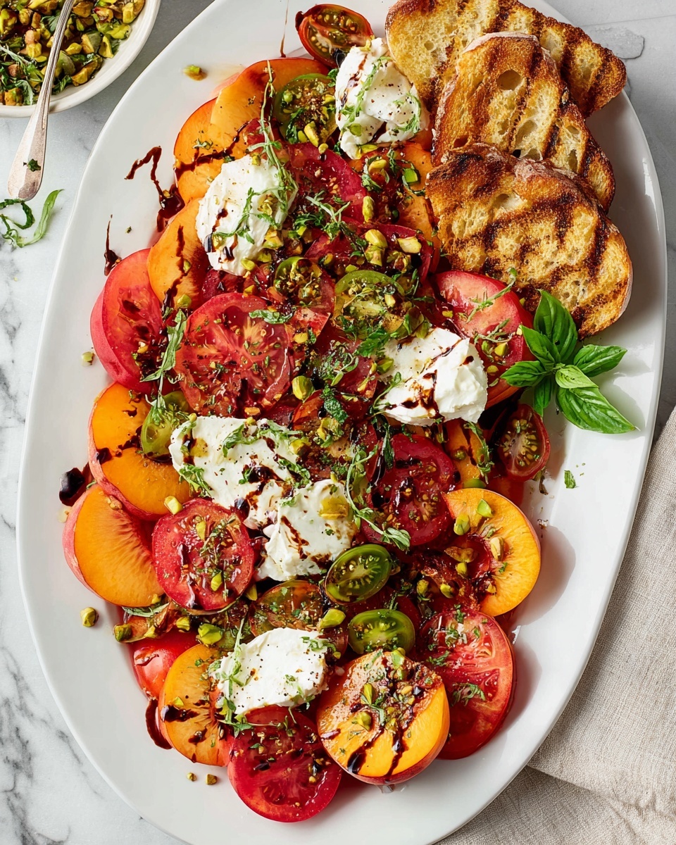 A white oval plate holds a colorful layered salad with three main layers: slices of bright orange peach with smooth skin, varied red and green cherry tomato halves, and larger round red tomato slices with seeds visible. Dotted among these layers are white soft cheese dollops with a smooth yet slightly textured surface. On the top right, two slices of toasted bread with golden-brown grill lines rest on the salad. The salad is sprinkled with chopped green herbs, small green pistachio pieces, and a drizzle of dark balsamic glaze. Fresh green basil leaves and tiny sprigs of thyme add freshness and contrast. The plate sits on a white marbled surface with a light linen napkin peeking from the right edge. Photo taken with an iphone --ar 4:5 --v 7