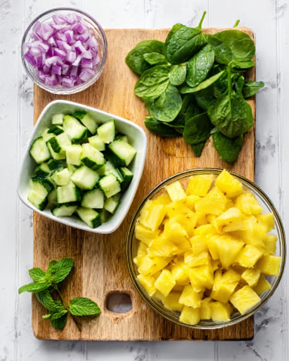 A wooden cutting board on a white marbled background holds a clear bowl full of bright yellow diced pineapples on the right side, with fresh green spinach leaves scattered nearby. Below the bowl, a white square dish is filled with chopped green cucumbers with smooth, shiny skin. On the left side of the board, near the top, a small clear bowl contains finely chopped purple onions. Small mint leaves lie near the bottom left of the cutting board, adding a fresh green touch. The overall scene is bright and colorful, showing fresh, healthy ingredients neatly arranged. Photo taken with an iphone --ar 4:5 --v 7