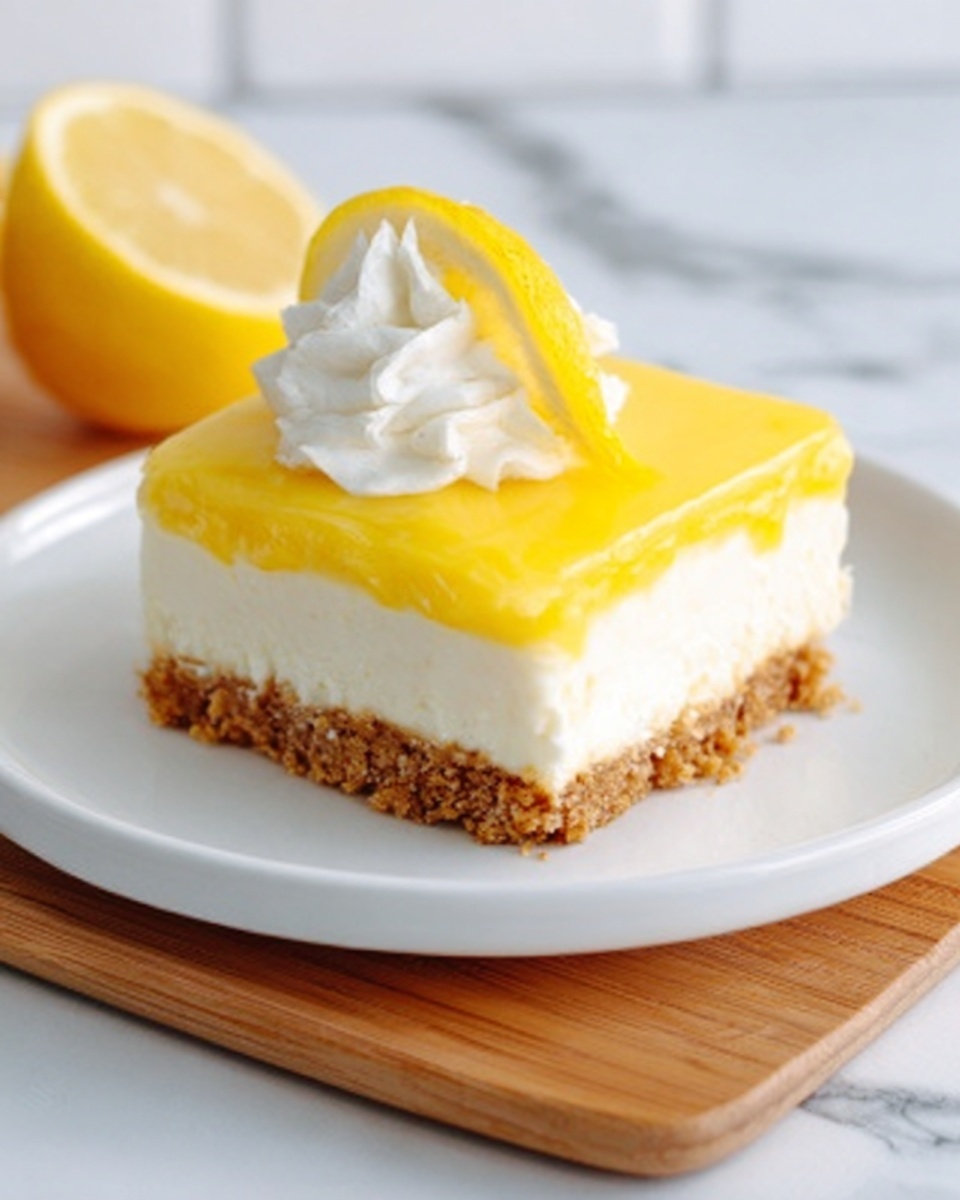 Lemon Pretzel Dessert Recipe 4 The image shows a multi-layered dessert on a white plate with a crumbly, light brown base layer that looks crunchy. Above the base is a thick, bright yellow layer with a smooth, gel-like texture. On top of this yellow layer is a creamy, white layer, which seems soft and fluffy. The dessert is finished with a thick, white whipped topping sprinkled with small pieces of crushed nuts. A woman's hand is holding a piece of the dessert with a white marbled background. photo taken with an iphone --ar 4:5 --v 7