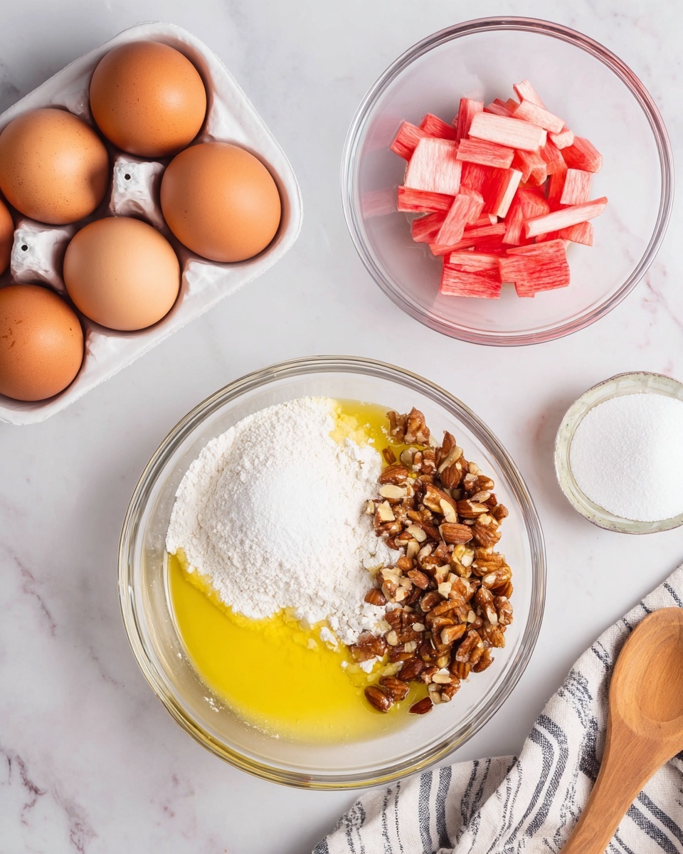The image shows three main parts on a white marbled surface: at the top left, six smooth brown eggs are placed in a white tray; at the top right, a clear bowl holds bright red and pale pink chopped sticks; and at the bottom center, a large clear bowl contains a mix of yellow melted butter, white sugar, powdery flour, and a pile of roughly chopped brown almonds. A wooden spoon and a striped cloth are partially visible at the bottom right and left corners. photo taken with an iphone --ar 4:5 --v 7