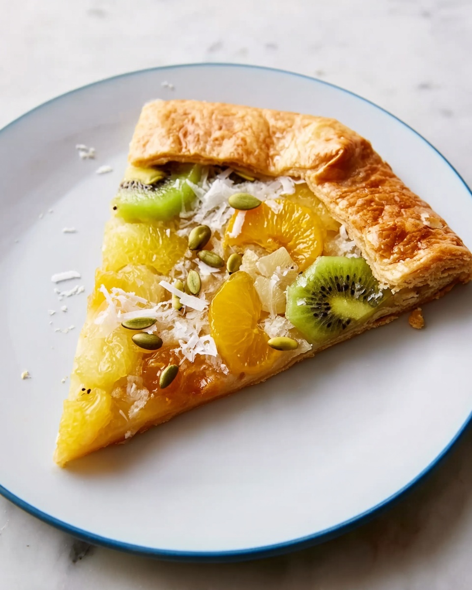 A single slice of fruit galette sits on a large white plate, placed on a white marbled surface. The galette has a thick, golden-brown crust folded over the edges, forming one visible layer that looks flaky and crisp. Inside the crust, the filling consists of thin slices of yellow and green kiwi, and pieces of orange fruit, spread evenly across the surface. There are also small white coconut flakes and pumpkin seeds sprinkled on top of the fruit layers, adding texture and contrast. The photo taken with an iphone --ar 4:5 --v 7