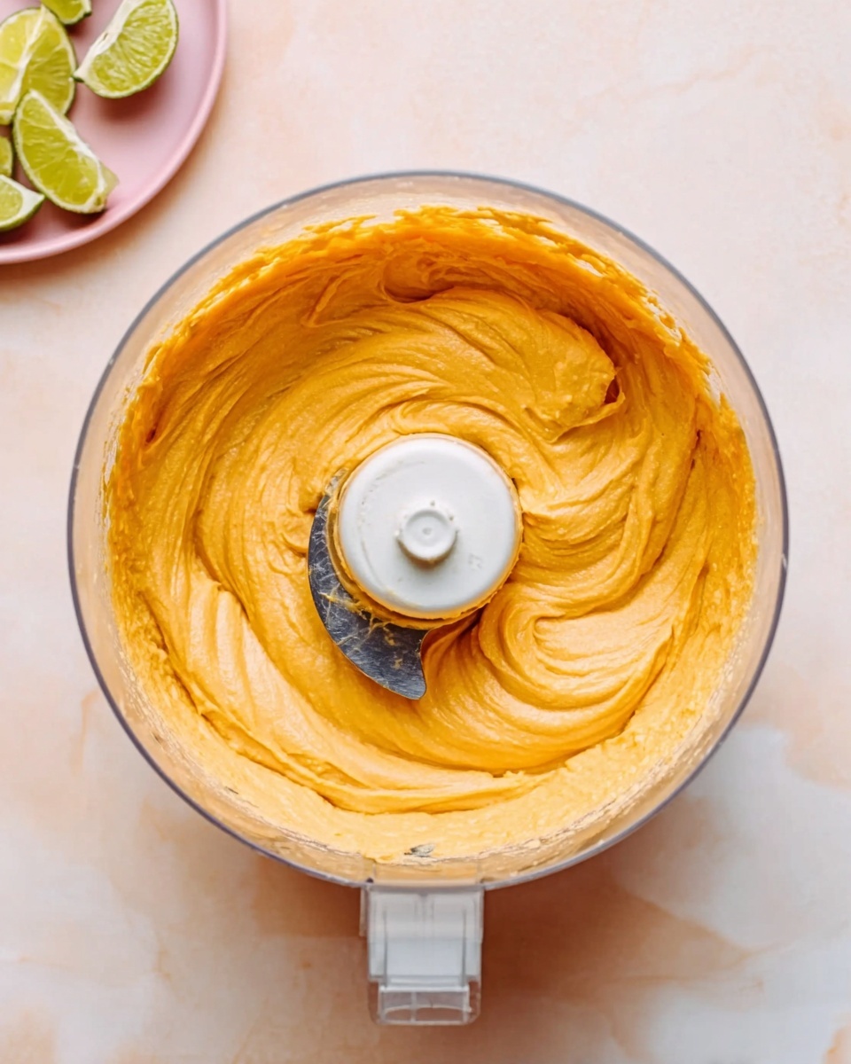 The image shows a white food processor bowl filled with a smooth, creamy orange mixture that is evenly spread inside, with a visible blade in the center. The mixture has a soft, thick texture with swirled patterns on the surface. There are white marbled textures underneath the bowl, adding a clean and bright background. A pink plate with lime wedges is partially visible in the top left corner. photo taken with an iphone --ar 4:5 --v 7