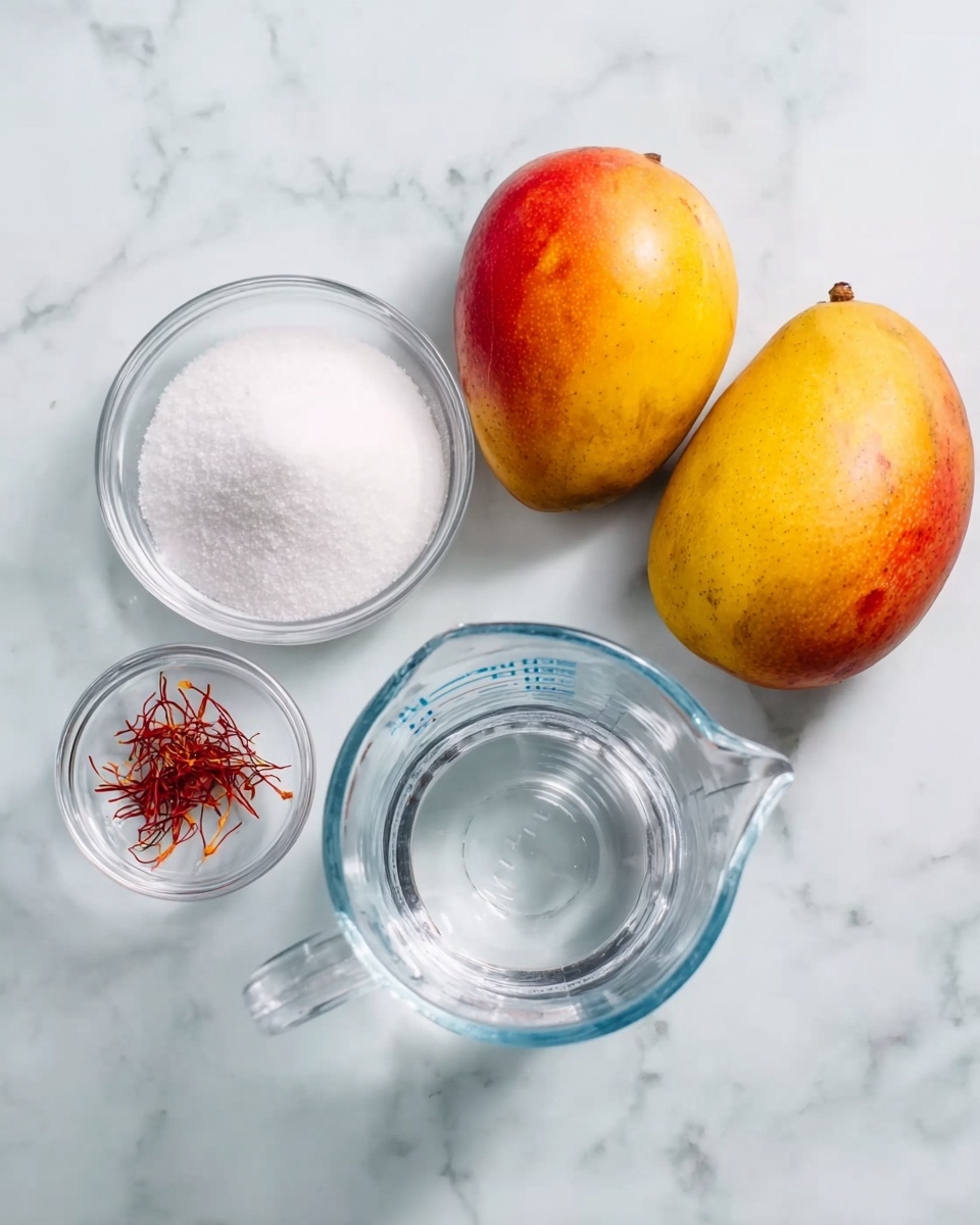 The image shows ingredients on a white marbled surface: three ripe mangoes with yellow, orange, and red skin, a clear glass bowl filled with white sugar, a small clear bowl with a few red saffron threads, and a clear measuring cup with water. The items are spread out and well-lit with soft natural light, showing their bright colors and clean textures. photo taken with an iphone --ar 4:5 --v 7