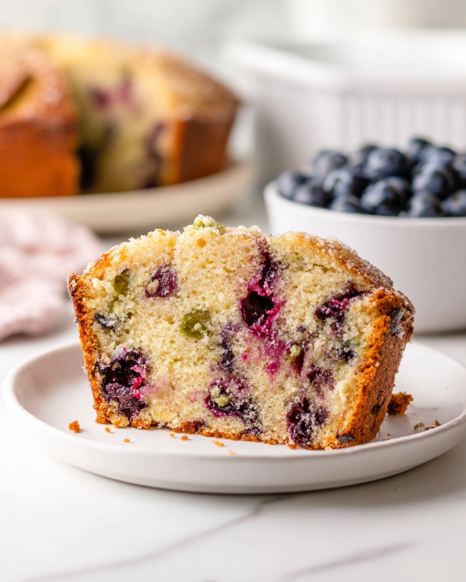 A close-up of one thick slice of a soft, moist cake resting on a white plate, showing a light golden brown crumb with dotted pieces of dark purple and bright red berries, and small green specks inside the cake. The top edge of the slice is slightly darker and crusty, with the texture looking crumbly and tender. In the blurred background, there is a white marbled surface with a bowl of fresh blueberries, a plate holding more whole cakes, and a white baking dish. Photo taken with an iphone --ar 4:5 --v 7