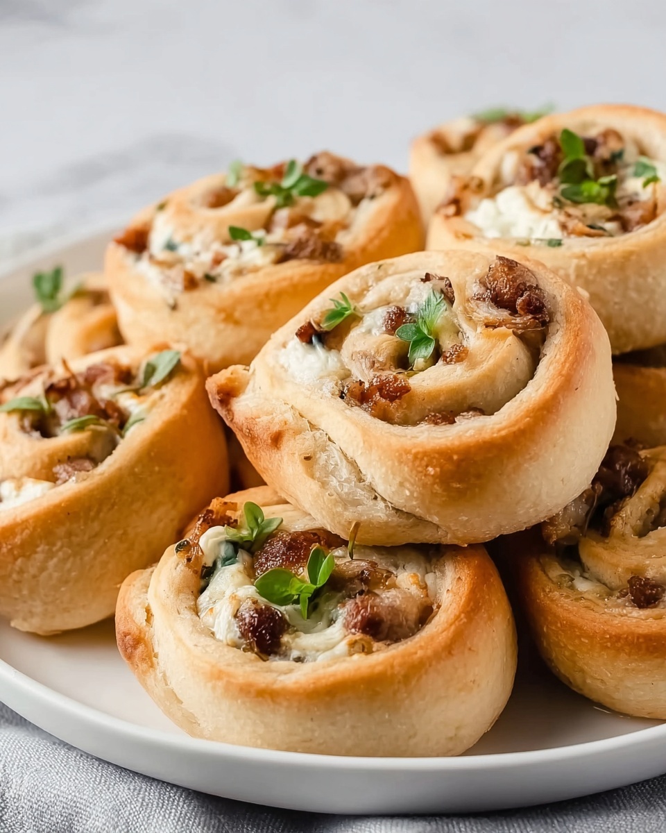 4-Ingredient Cheesy Sausage Pinwheels Recipe 5 A white plate filled with several soft, golden-brown rolls stacked closely together. Each roll is spiral-shaped with a light, fluffy dough outer layer and a filling with visible small brown chunks and bits, likely meat or mushrooms, along with creamy white cheese swirled inside. Small green herb leaves are scattered on top of the rolls, adding a touch of freshness and color. The plate sits on a white marbled surface with a soft, blurred background. photo taken with an iphone --ar 4:5 --v 7
