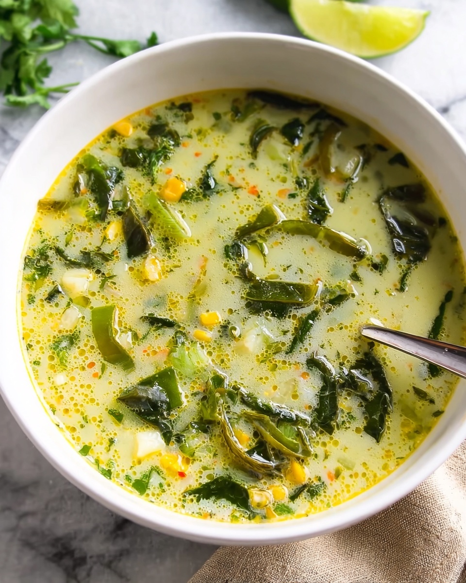 A white bowl filled with creamy soup that has a yellowish tint with visible shiny oil spots at the surface. Inside the soup are pieces of green leafy vegetables, small chunks of white and light green vegetables, and bits of corn that add texture. A silver spoon is partially submerged in the soup on the right side. The bowl sits on a white marbled surface with a beige fabric piece beneath it and a lime wedge partially visible on the bottom right. In the background, there is a blurred green herb and a slice of lime. Photo taken with an iphone --ar 4:5 --v 7